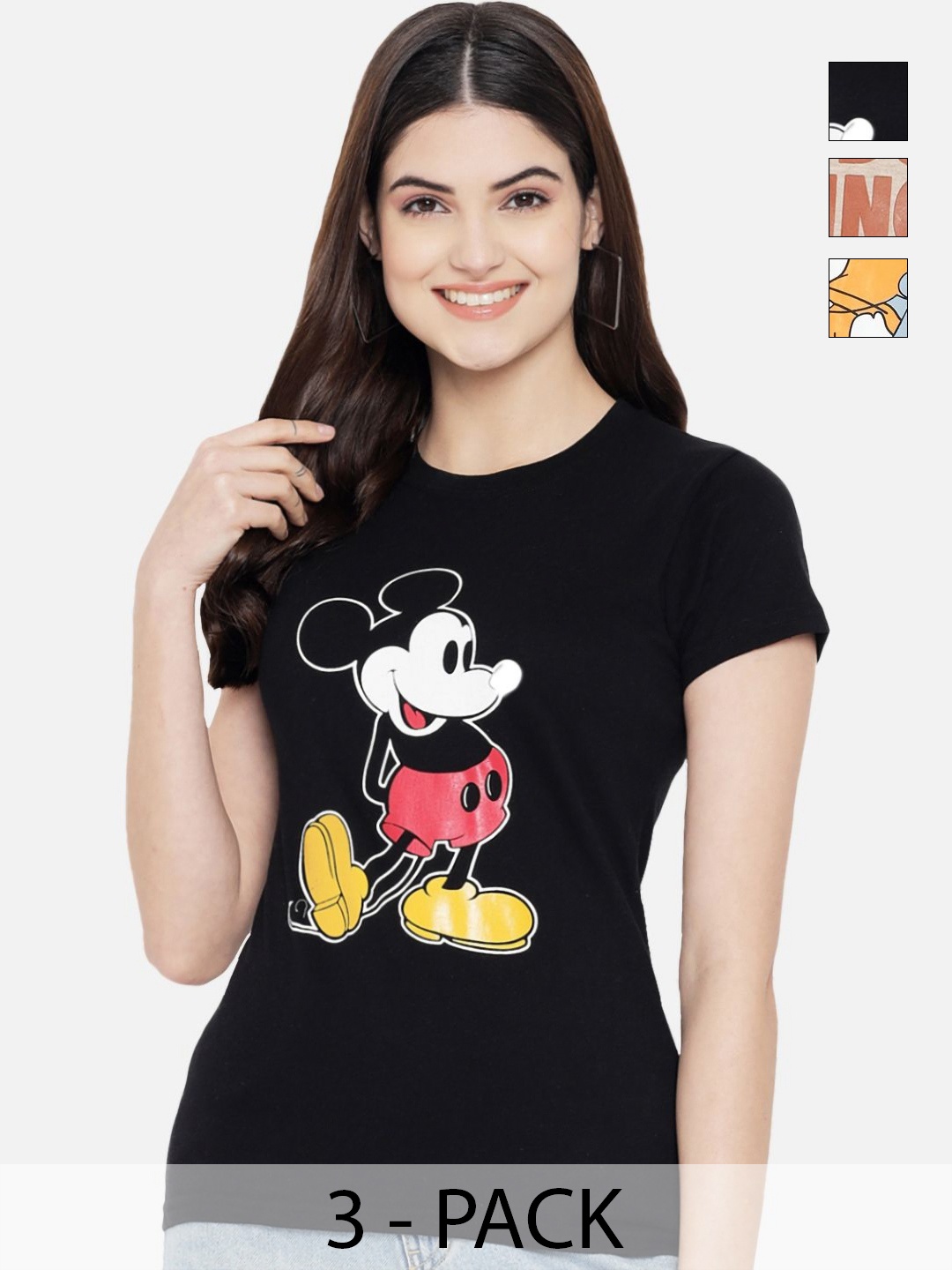Dreambe Women Pack of 3 Mickey Mouse Graphic Printed Round Neck Cotton T-shirts, Black
Dreambe Women Pack of 3 Mickey Mouse Graphic Printed Round Neck Cotton T-shirts, Black
