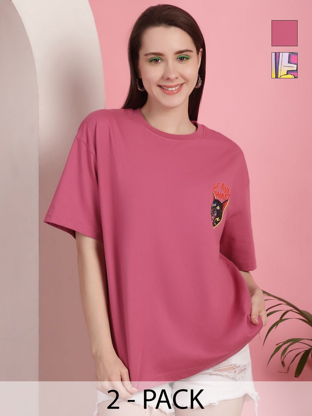 GLOBAL NOMAD Women Pack Of 2 Graphic Printed Round Neck Cotton Oversized T-shirts, Mauve
GLOBAL NOMAD Women Pack Of 2 Graphic Printed Round Neck Cotton Oversized T-shirts, Mauve