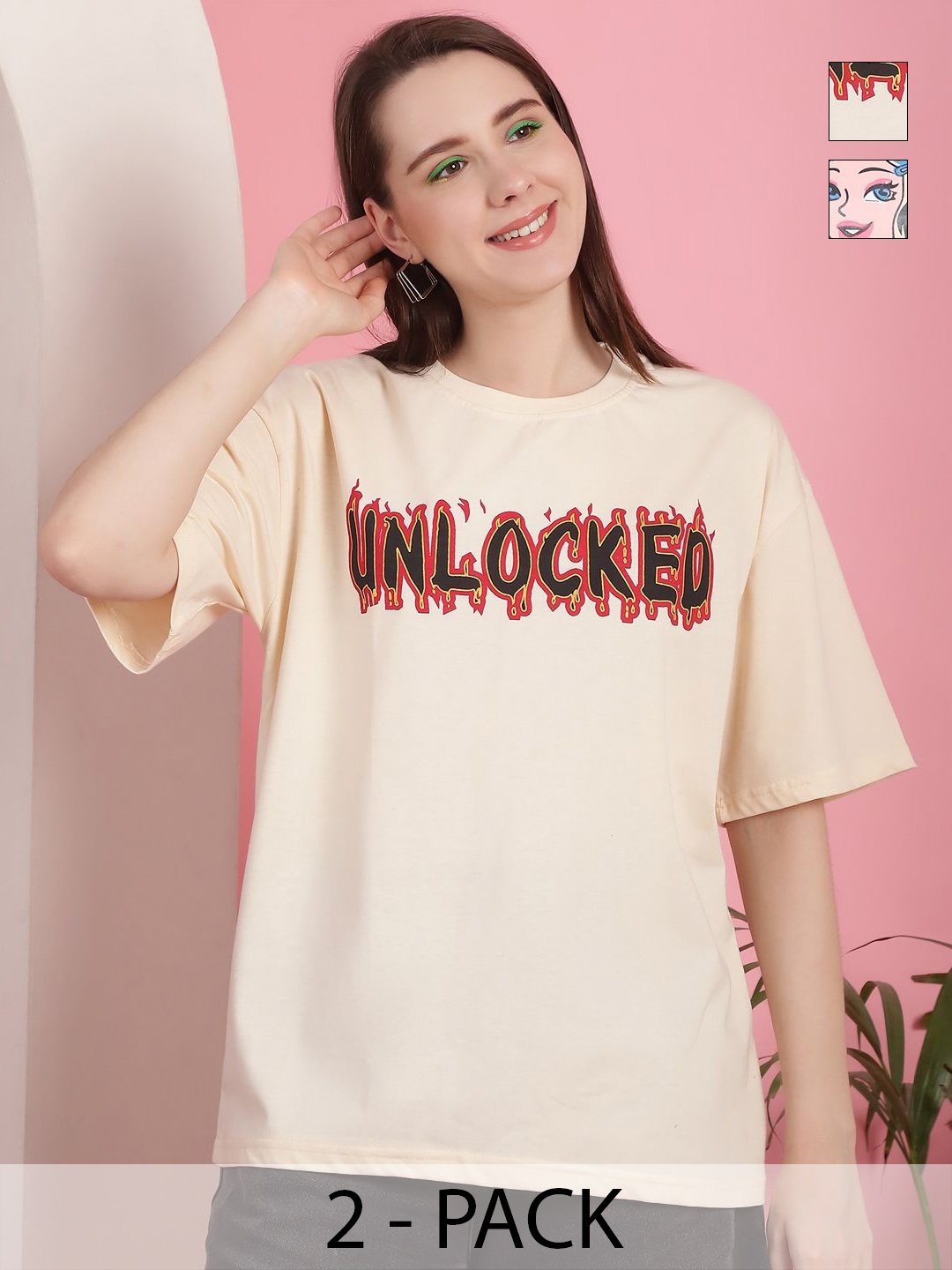 GLOBAL NOMAD Women Pack Of 2 Graphic Printed Round Neck Cotton Oversized T-shirts, Cream
GLOBAL NOMAD Women Pack Of 2 Graphic Printed Round Neck Cotton Oversized T-shirts, Cream