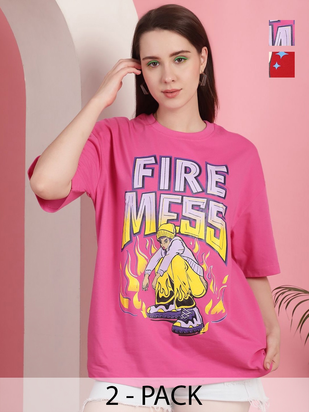 GLOBAL NOMAD Women Pack of 2 Graphic Printed Round Neck Cotton Oversized T-shirts, Pink
GLOBAL NOMAD Women Pack of 2 Graphic Printed Round Neck Cotton Oversized T-shirts, Pink