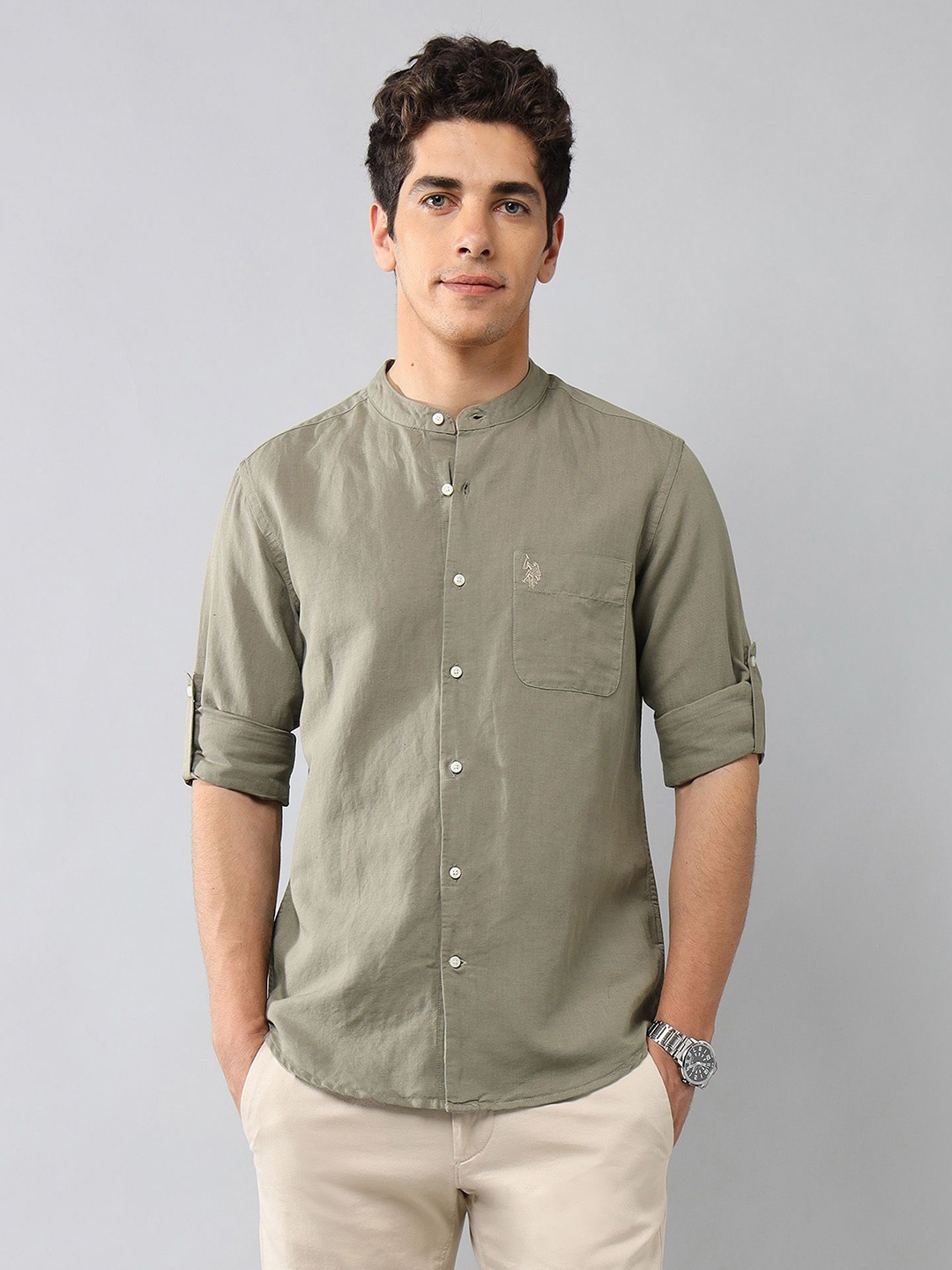 U.S. Polo Assn. Denim Co. Men Classic Fit Band Collar Solid Linen Casual Shirt, Green
U.S. Polo Assn. Denim Co. Men Classic Fit Band Collar Solid Linen Casual Shirt, Green