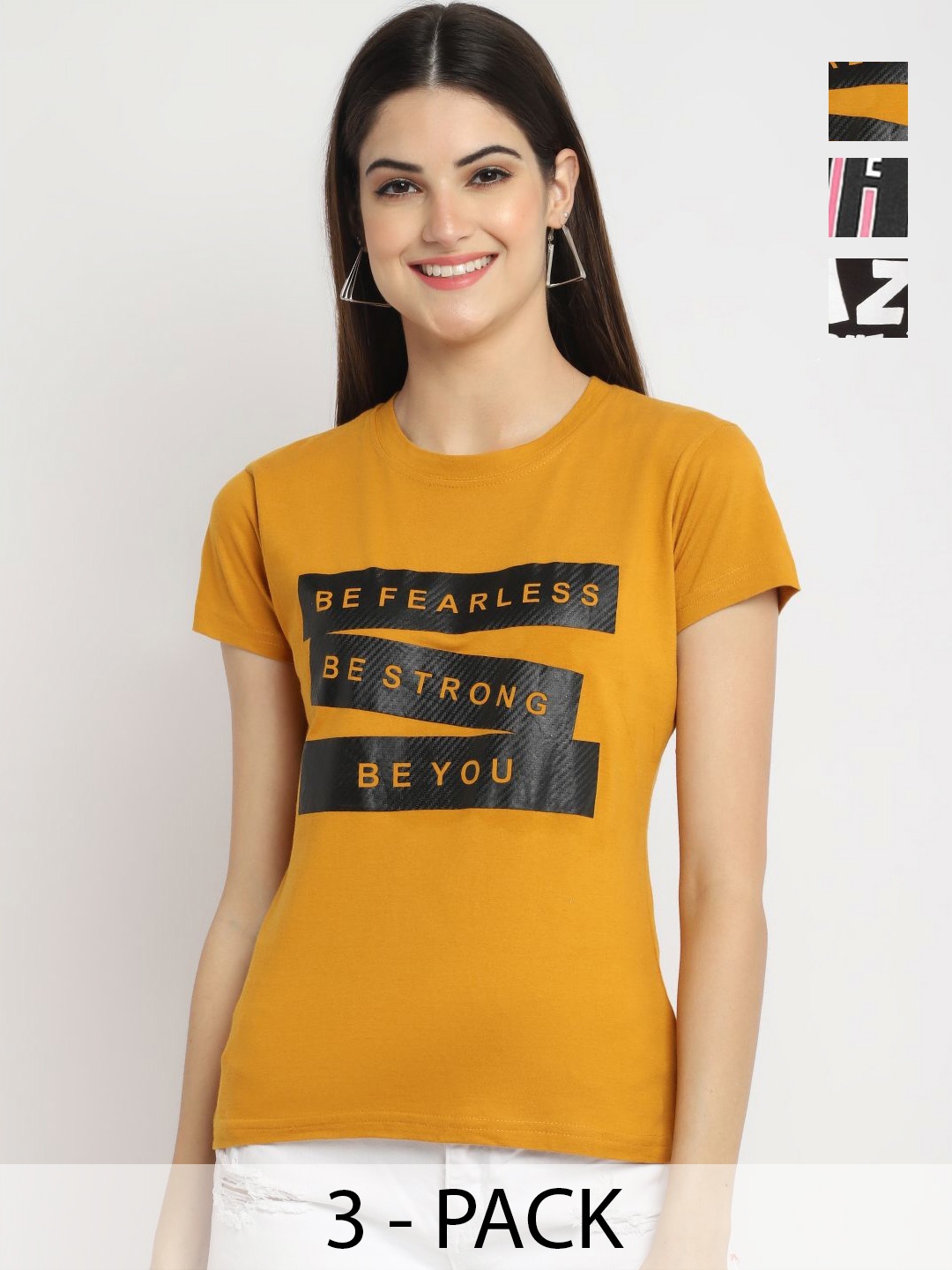 Dreambe Women Pack of 3 Typography Printed Round Neck Cotton T-shirts, Mustard
Dreambe Women Pack of 3 Typography Printed Round Neck Cotton T-shirts, Mustard