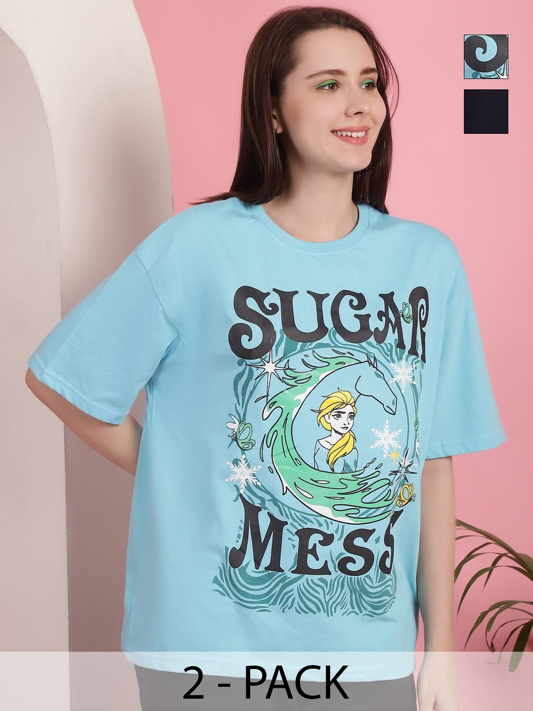 GLOBAL NOMAD Women Pack of 2 Graphic Printed Round Neck Cotton Oversized T-shirts, Turquoise blue
GLOBAL NOMAD Women Pack of 2 Graphic Printed Round Neck Cotton Oversized T-shirts, Turquoise blue