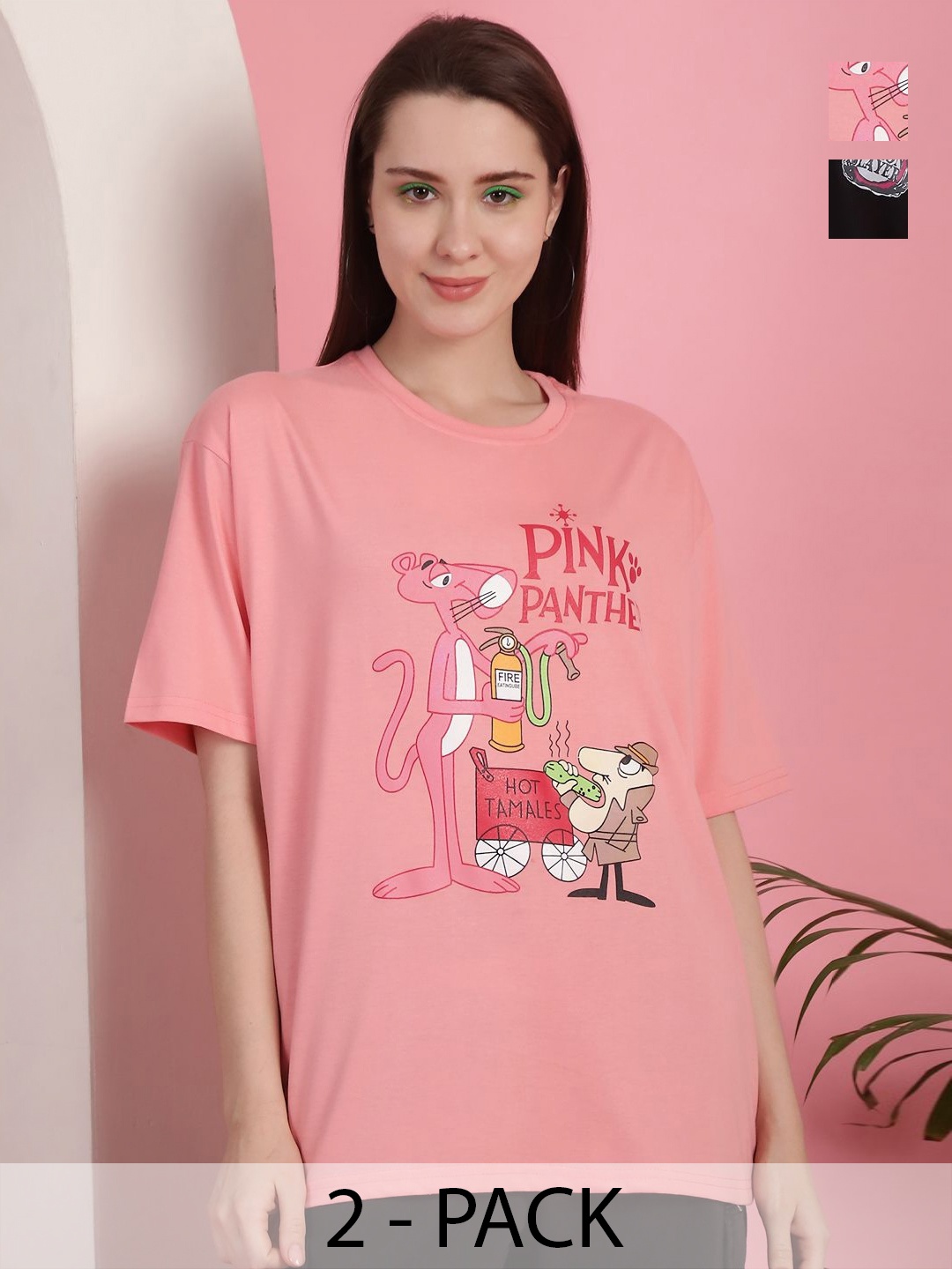 GLOBAL NOMAD Women Pack Of 2 Graphic Printed Round Neck Cotton Oversized T-shirts, Pink
GLOBAL NOMAD Women Pack Of 2 Graphic Printed Round Neck Cotton Oversized T-shirts, Pink