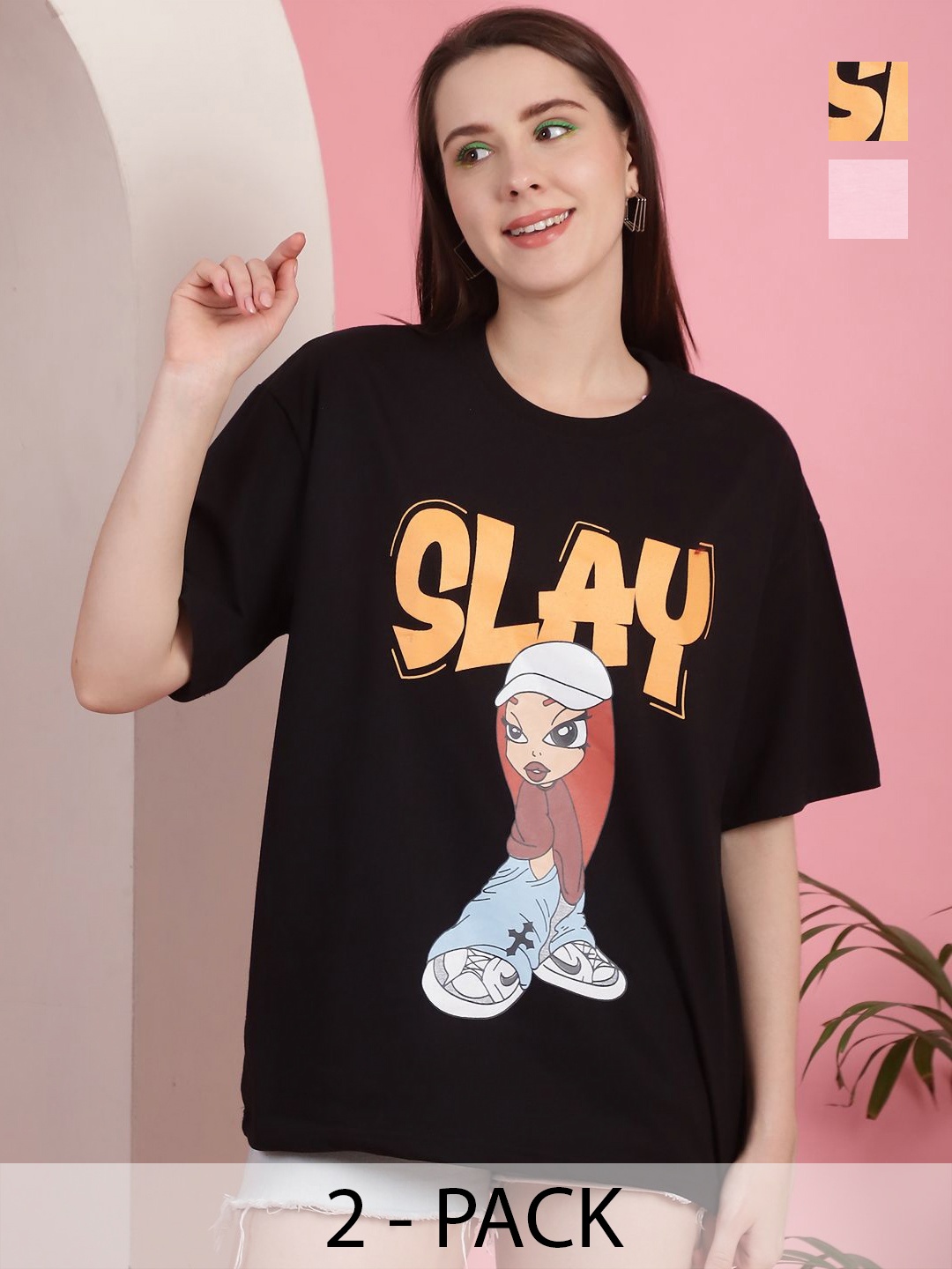 GLOBAL NOMAD Women Pack Of 2 Graphic Printed Round Neck Cotton Oversized T-shirts, Black
GLOBAL NOMAD Women Pack Of 2 Graphic Printed Round Neck Cotton Oversized T-shirts, Black
