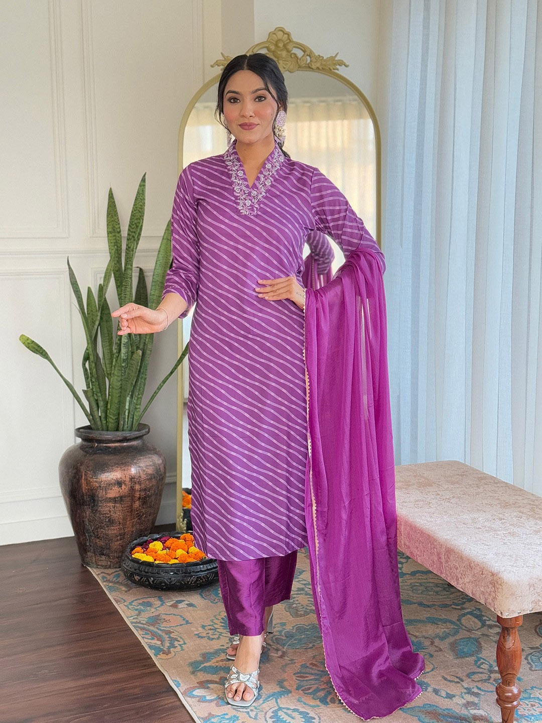 Growdamy Leheriya Printed V Neck Thread Work Kurta With Trousers & Dupatta, Purple
Growdamy Leheriya Printed V Neck Thread Work Kurta With Trousers & Dupatta, Purple