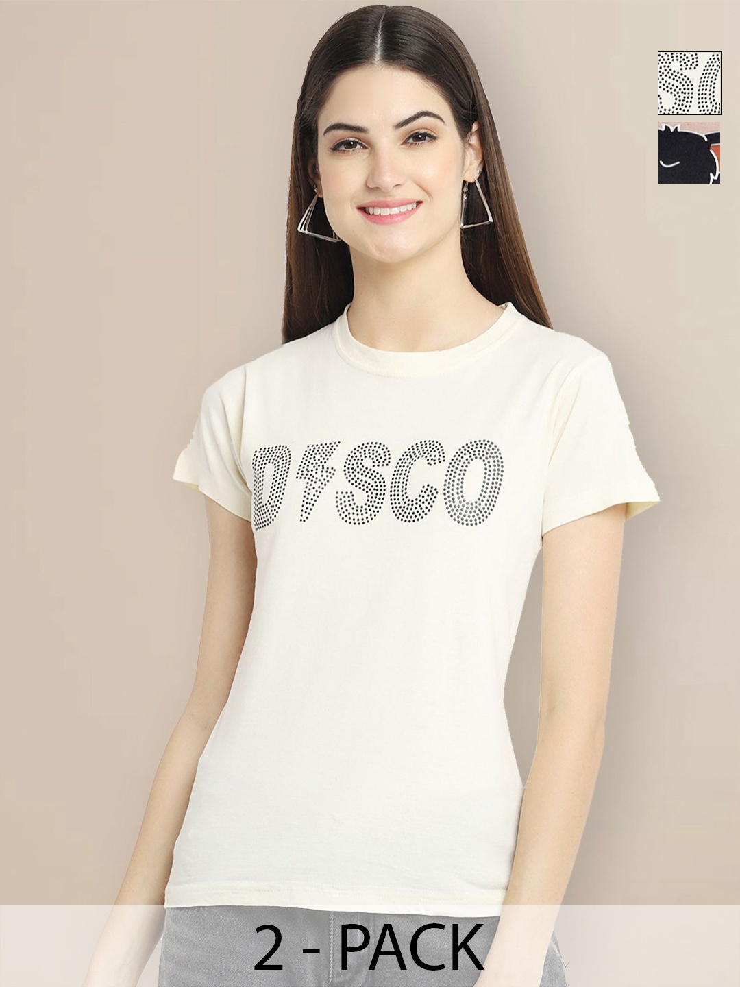 GLOBAL NOMAD Women Pack of 2 Typography Printed Round Neck Cotton T-shirts, Cream
GLOBAL NOMAD Women Pack of 2 Typography Printed Round Neck Cotton T-shirts, Cream