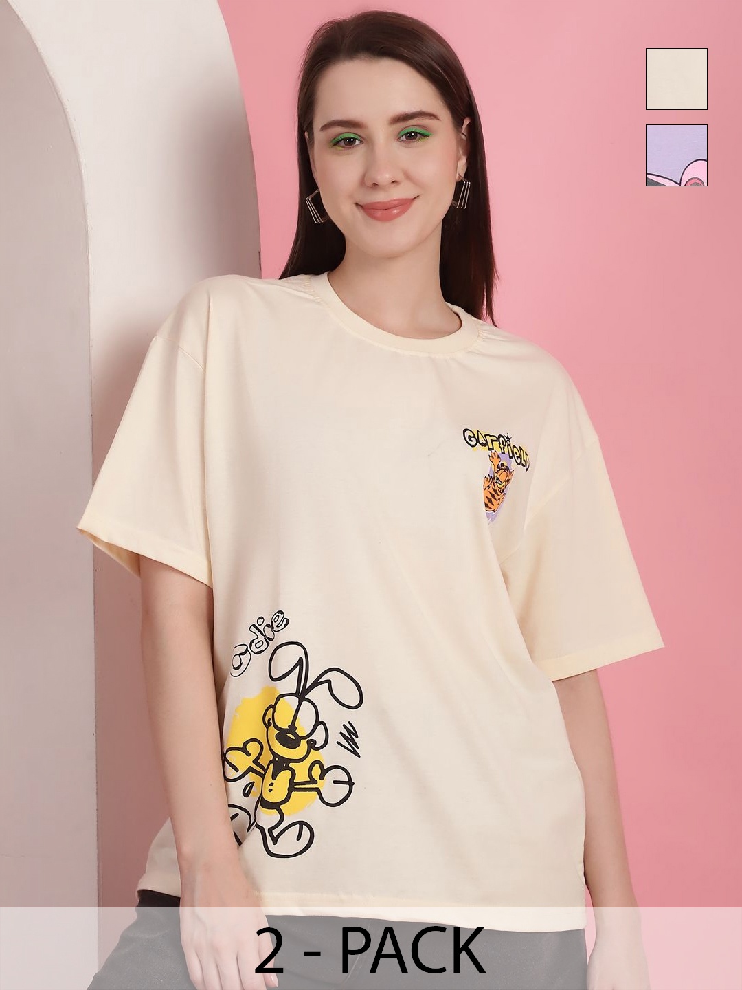 GLOBAL NOMAD Women Pack Of 2 Garfield Graphic Printed Round Neck Cotton Oversized T-shirts, Cream
GLOBAL NOMAD Women Pack Of 2 Garfield Graphic Printed Round Neck Cotton Oversized T-shirts, Cream