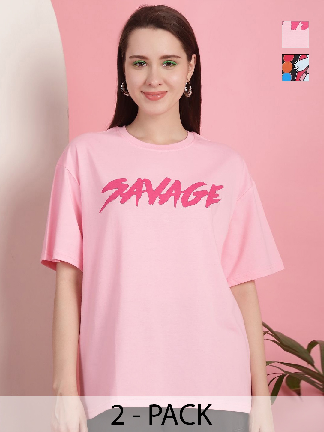 GLOBAL NOMAD Women Pack Of 2 Graphic Printed Round Neck Cotton Oversized T-shirts, Pink
GLOBAL NOMAD Women Pack Of 2 Graphic Printed Round Neck Cotton Oversized T-shirts, Pink