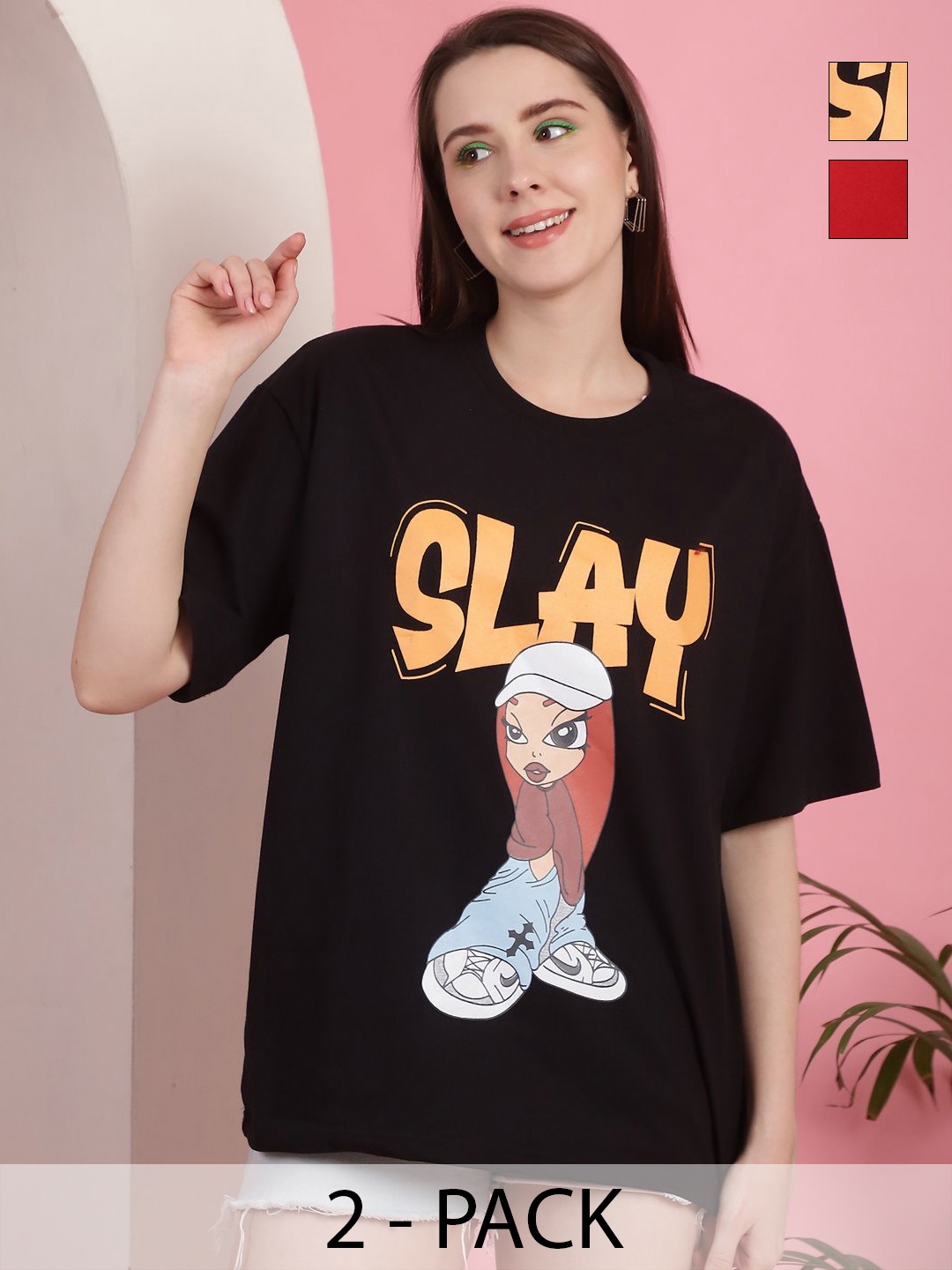 GLOBAL NOMAD Women Pack Of 2 Graphic Printed Round Neck Cotton Oversized T-shirts, Black
GLOBAL NOMAD Women Pack Of 2 Graphic Printed Round Neck Cotton Oversized T-shirts, Black