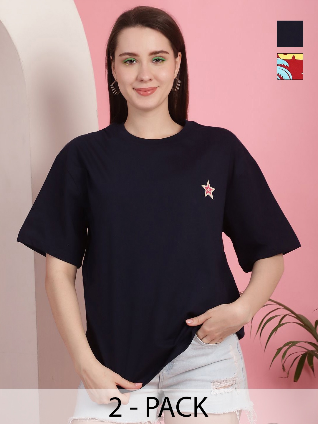 GLOBAL NOMAD Women Pack Of 2 Graphic Printed Round Neck Cotton Oversized T-shirts, Black
GLOBAL NOMAD Women Pack Of 2 Graphic Printed Round Neck Cotton Oversized T-shirts, Black