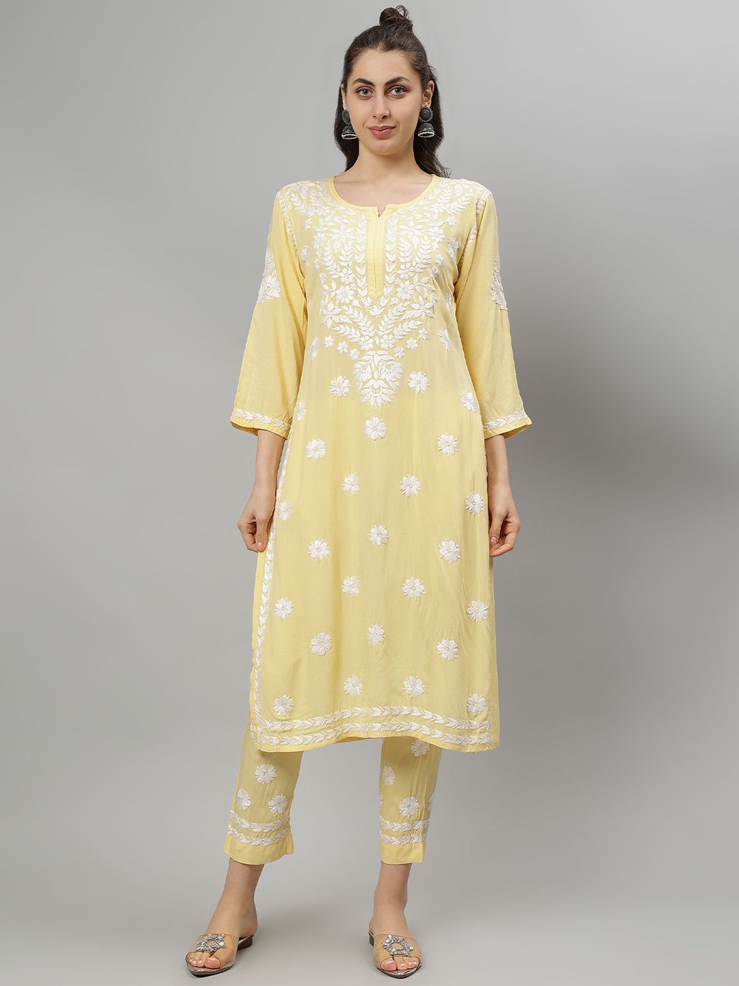 Seva Chikan Ethnic Motifs Embroidered Lucknowi Chikankari Straight Kurta With Palazzos, Yellow
Seva Chikan Ethnic Motifs Embroidered Lucknowi Chikankari Straight Kurta With Palazzos, Yellow