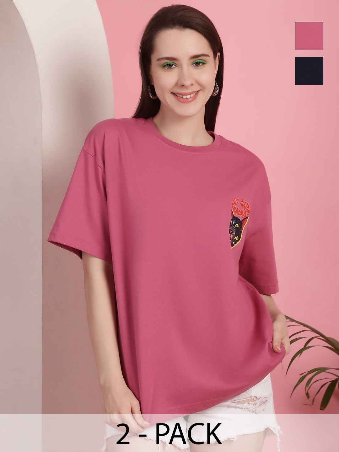 GLOBAL NOMAD Women Pack Of 2 Graphic Printed Round Neck Cotton Oversized T-shirts, Pink
GLOBAL NOMAD Women Pack Of 2 Graphic Printed Round Neck Cotton Oversized T-shirts, Pink