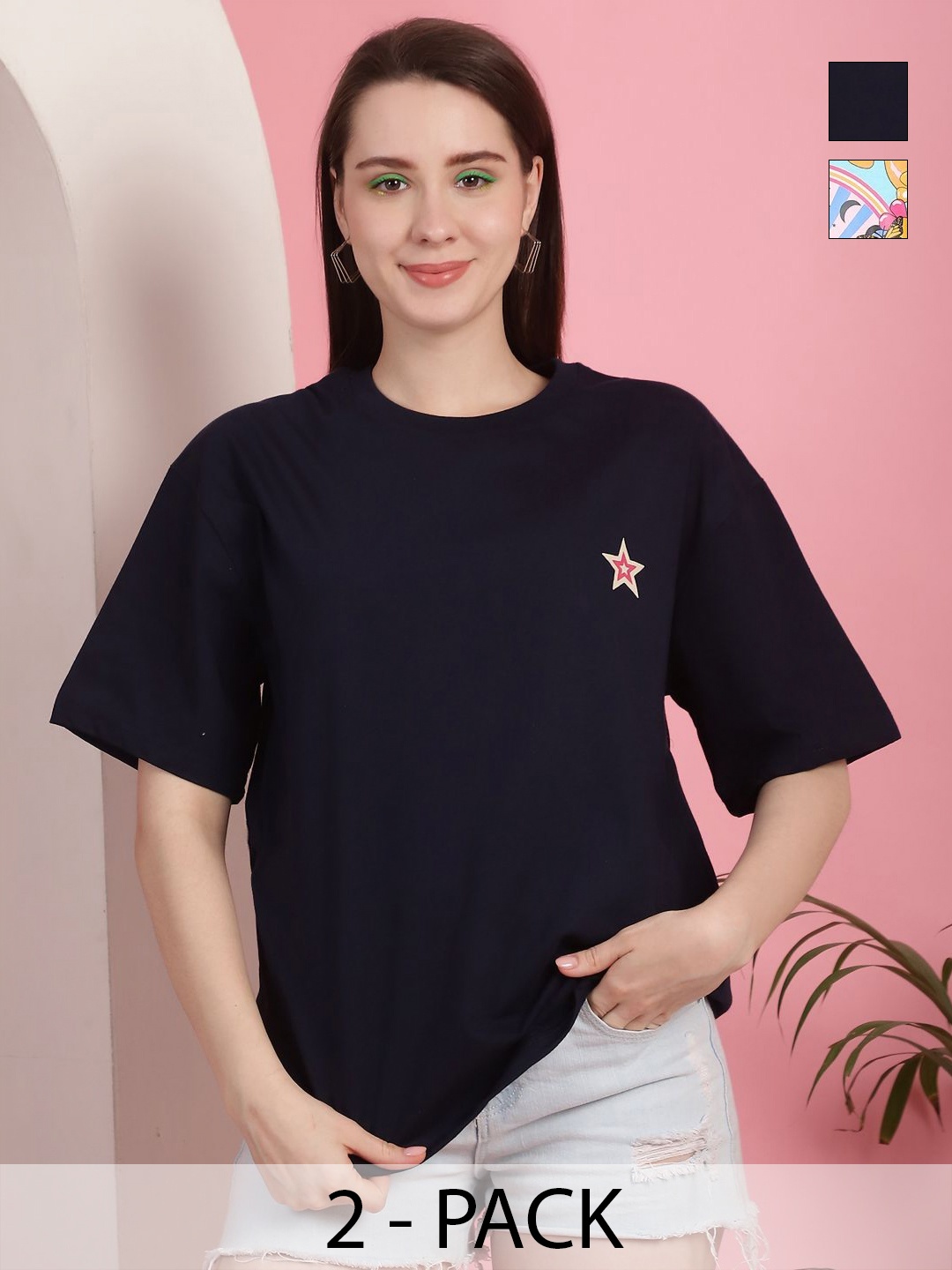 GLOBAL NOMAD Women Pack of 2 Graphic Printed Round Neck Cotton Oversized T-shirts, Black
GLOBAL NOMAD Women Pack of 2 Graphic Printed Round Neck Cotton Oversized T-shirts, Black