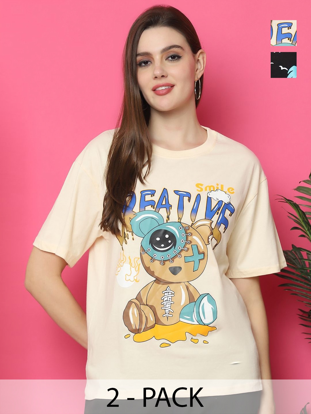 GLOBAL NOMAD Women Pack Of 2 Graphic Printed Round Neck Cotton Oversized T-shirts, Yellow
GLOBAL NOMAD Women Pack Of 2 Graphic Printed Round Neck Cotton Oversized T-shirts, Yellow