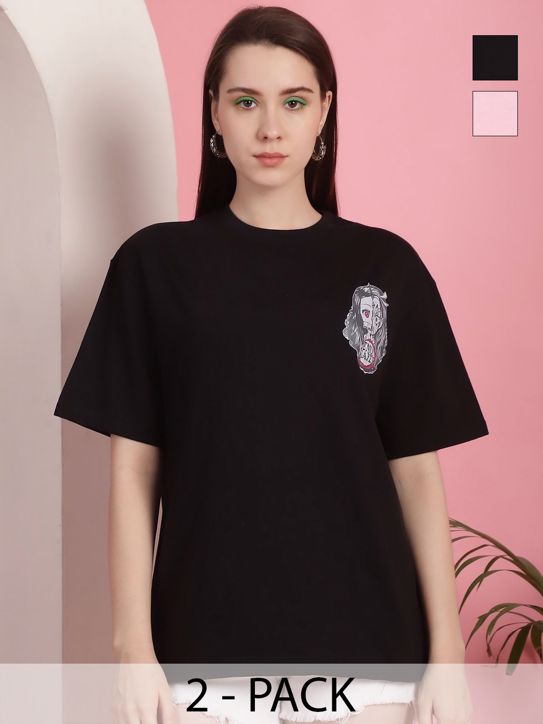 GLOBAL NOMAD Women Pack Of 2 Graphic Printed Round Neck Cotton Oversized T-shirts, Black
GLOBAL NOMAD Women Pack Of 2 Graphic Printed Round Neck Cotton Oversized T-shirts, Black