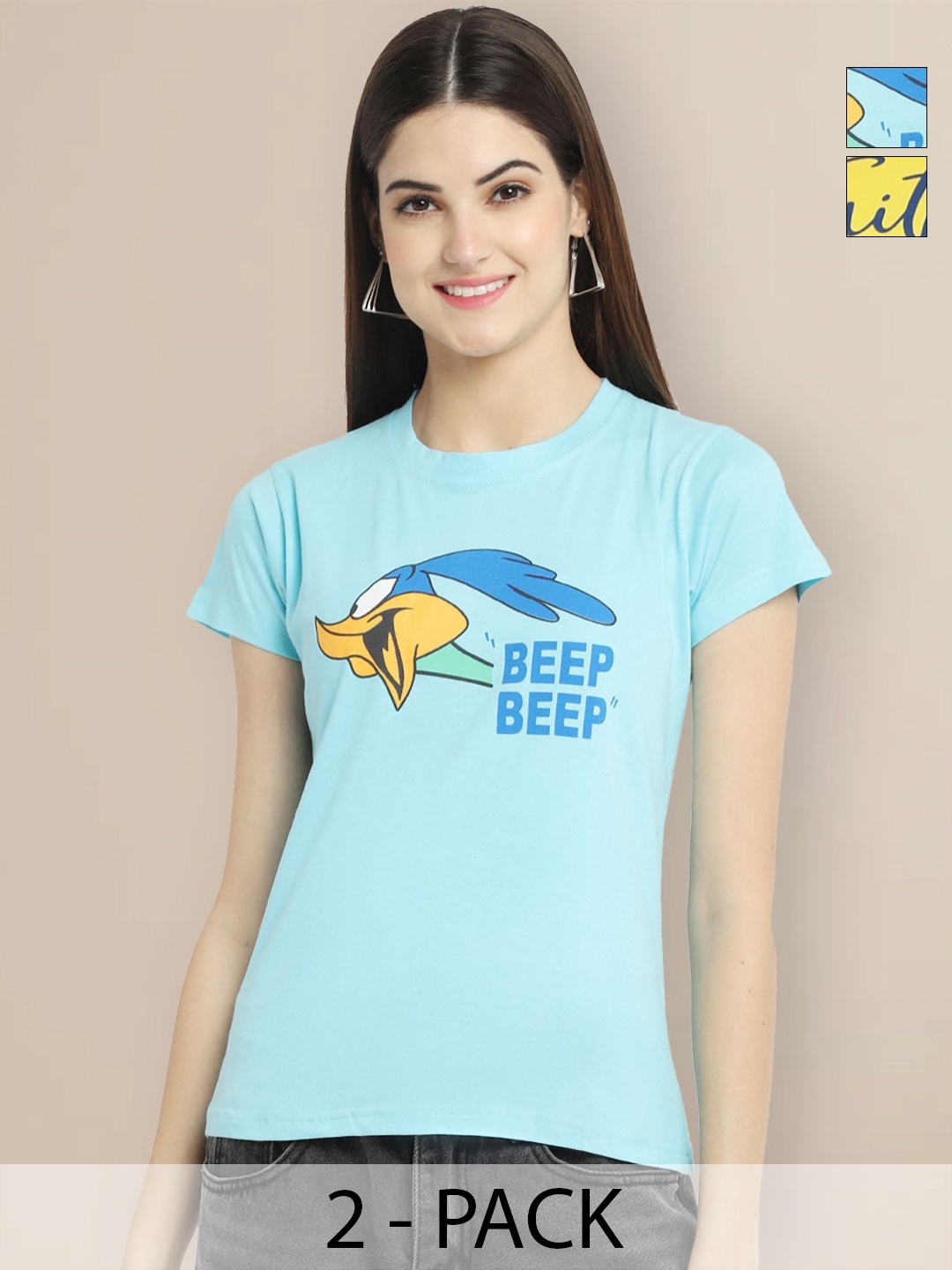 GLOBAL NOMAD Women Pack of 2 Looney Tunes Typography Printed Round Neck Cotton T-shirts, Turquoise blue
GLOBAL NOMAD Women Pack of 2 Looney Tunes Typography Printed Round Neck Cotton T-shirts, Turquoise blue