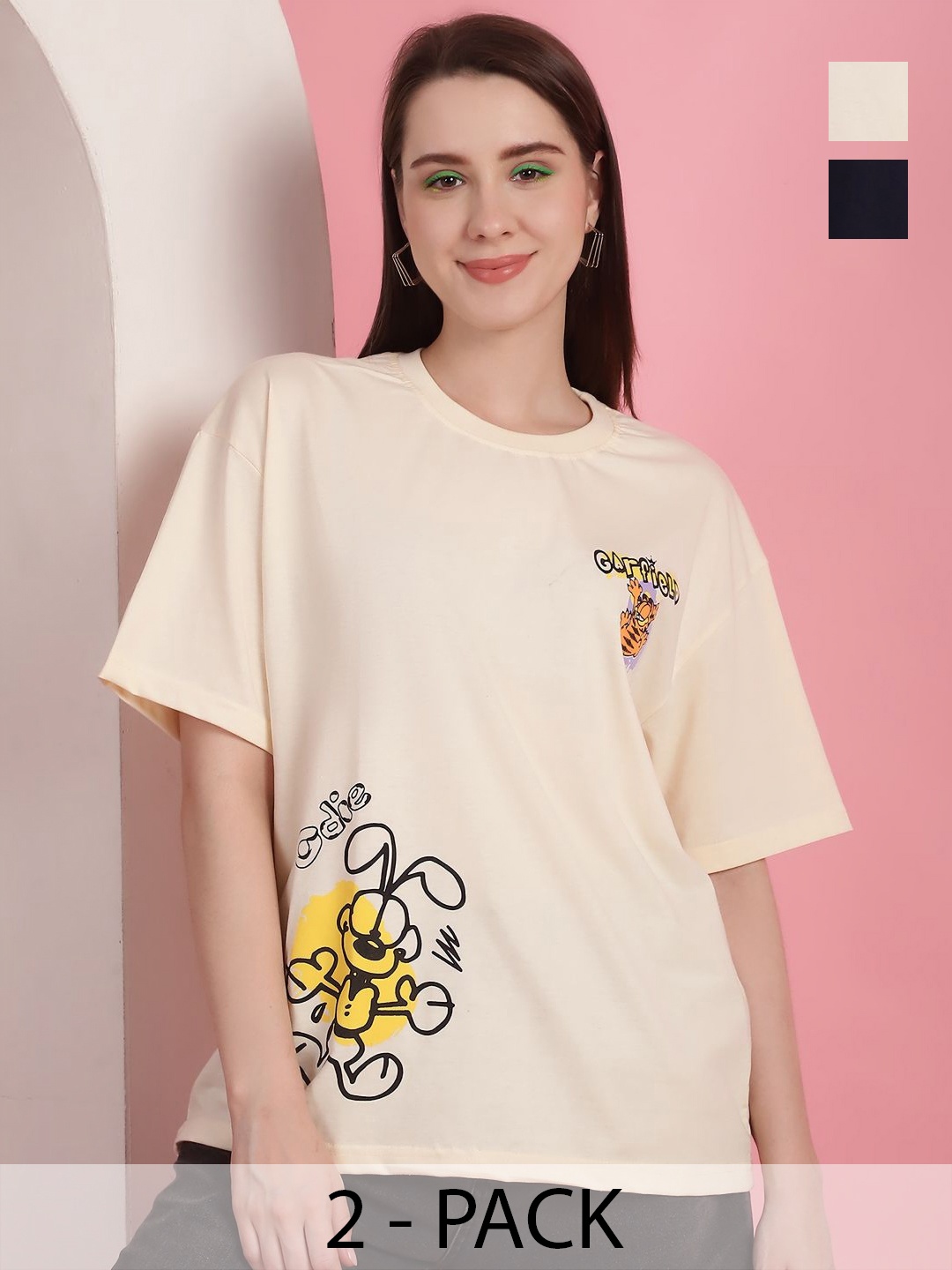 GLOBAL NOMAD Women Pack Of 2 Garfield Graphic Printed Round Neck Cotton Oversized T-shirts, Cream
GLOBAL NOMAD Women Pack Of 2 Garfield Graphic Printed Round Neck Cotton Oversized T-shirts, Cream