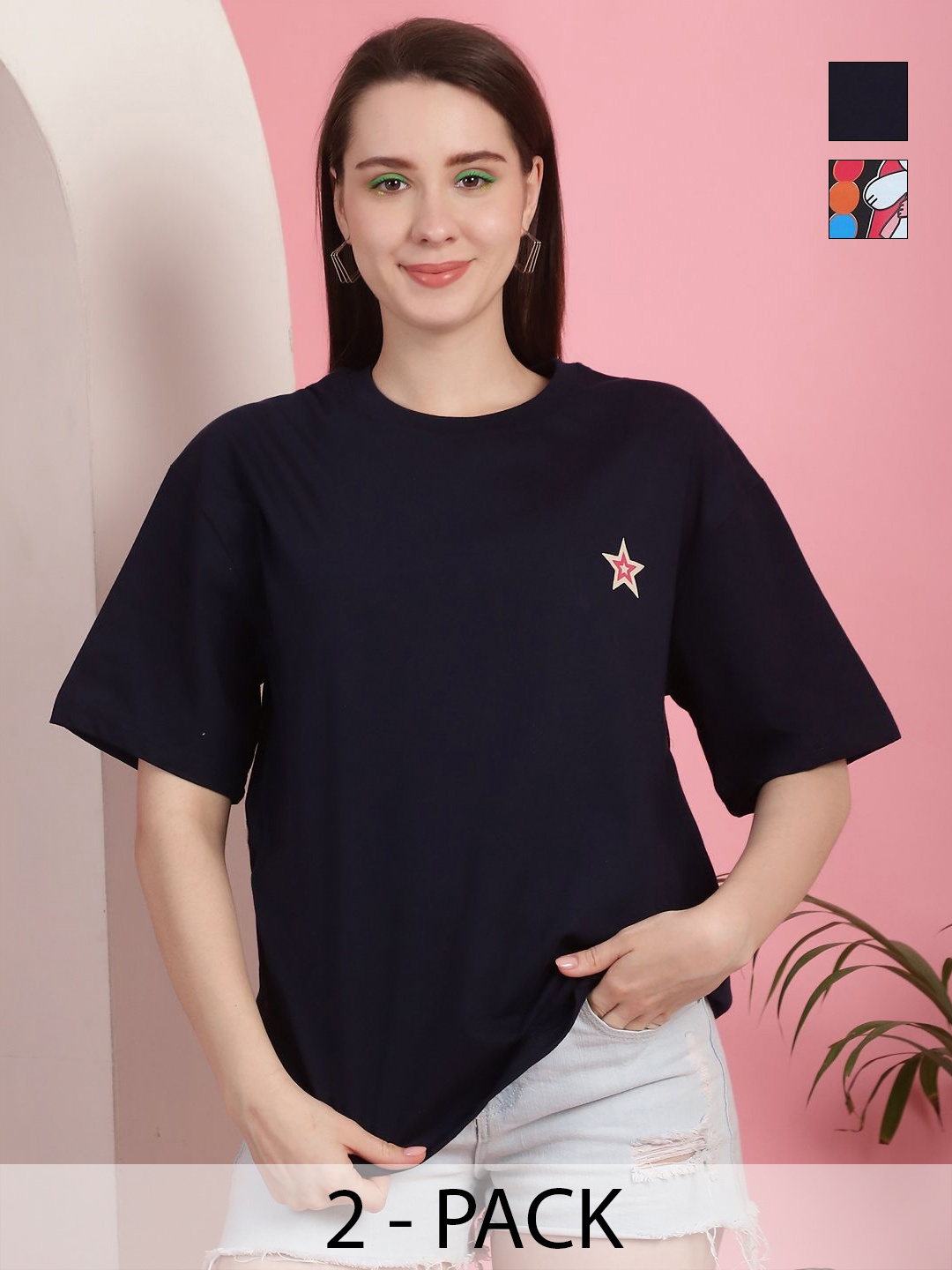 GLOBAL NOMAD Women Pack Of 2 Graphic Printed Round Neck Cotton Oversized T-shirts, Navy blue
GLOBAL NOMAD Women Pack Of 2 Graphic Printed Round Neck Cotton Oversized T-shirts, Navy blue