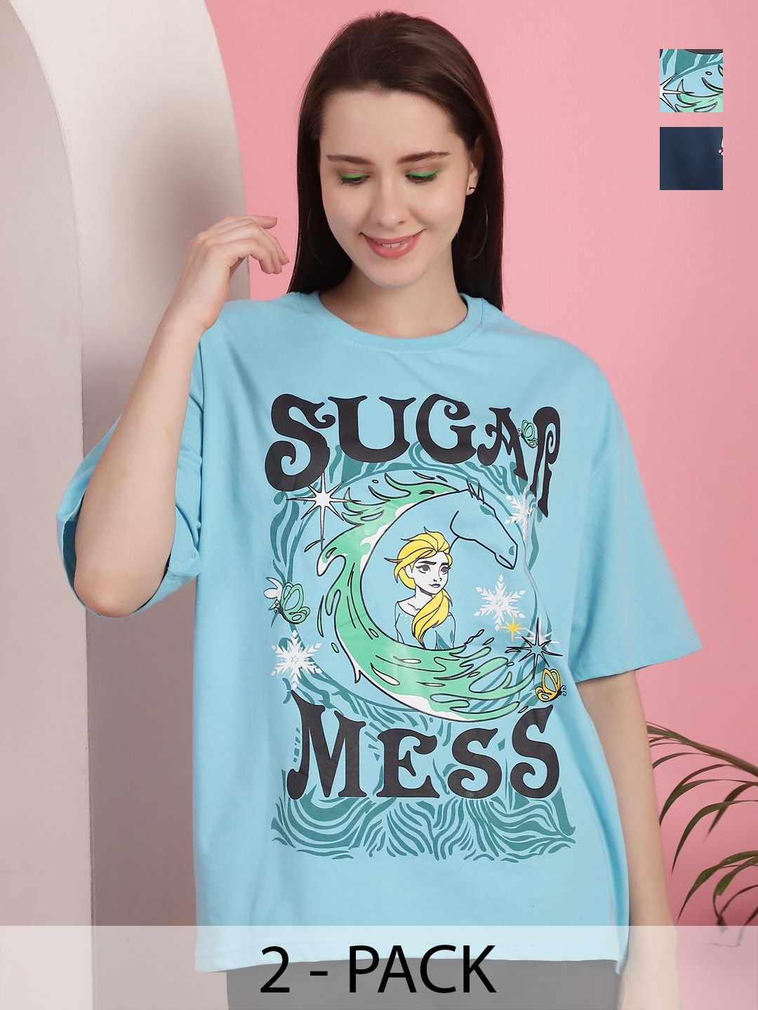 GLOBAL NOMAD Women Pack Of 2 Graphic Printed Round Neck Cotton Oversized T-shirts, Blue
GLOBAL NOMAD Women Pack Of 2 Graphic Printed Round Neck Cotton Oversized T-shirts, Blue