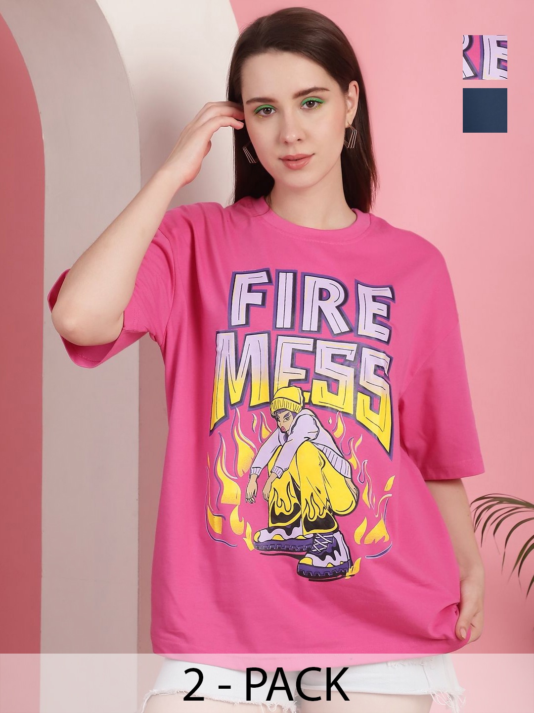 GLOBAL NOMAD Women Pack of 2 Graphic Printed Round Neck Cotton Oversized T-shirts, Pink
GLOBAL NOMAD Women Pack of 2 Graphic Printed Round Neck Cotton Oversized T-shirts, Pink