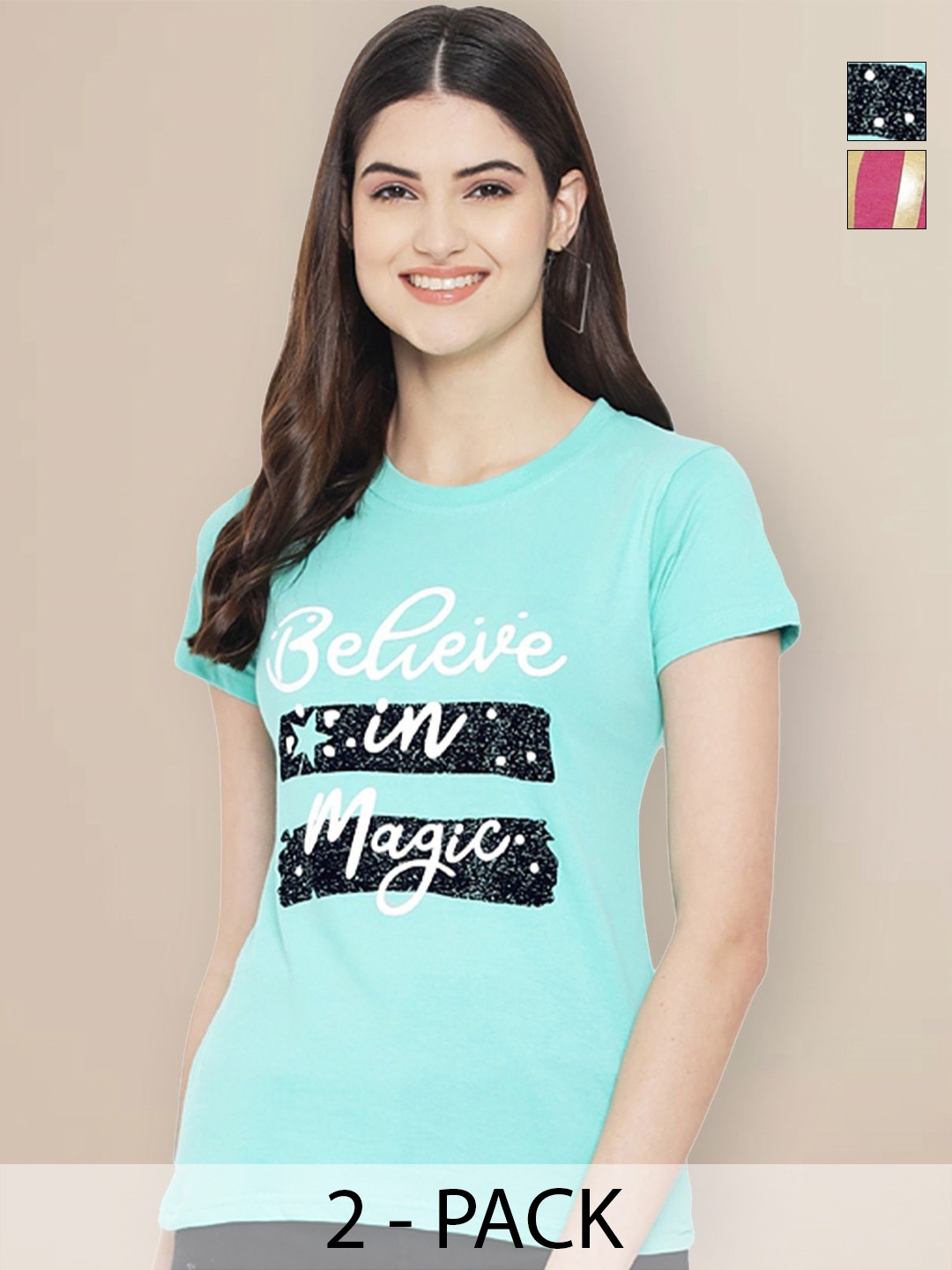 GLOBAL NOMAD Women Pack of 2 Typography Printed Round Neck Cotton T-shirts, Turquoise blue
GLOBAL NOMAD Women Pack of 2 Typography Printed Round Neck Cotton T-shirts, Turquoise blue