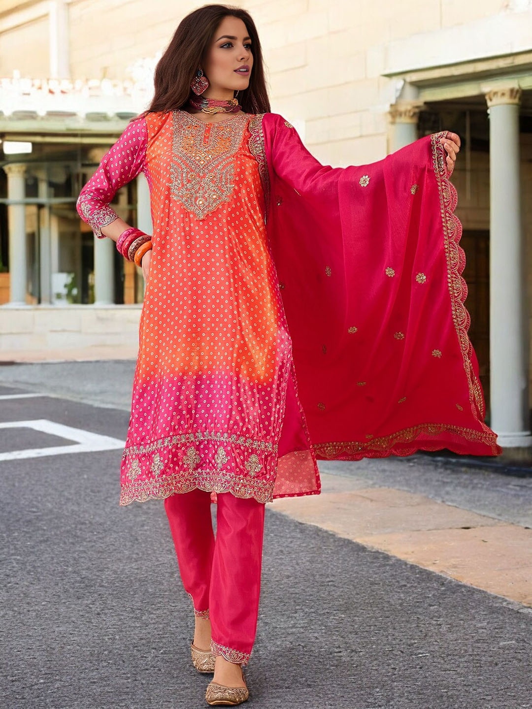 KIMISHA Bandhani Printed Sequinned Round Neck Straight Kurta With Trousers And Dupatta, Orange
KIMISHA Bandhani Printed Sequinned Round Neck Straight Kurta With Trousers And Dupatta, Orange