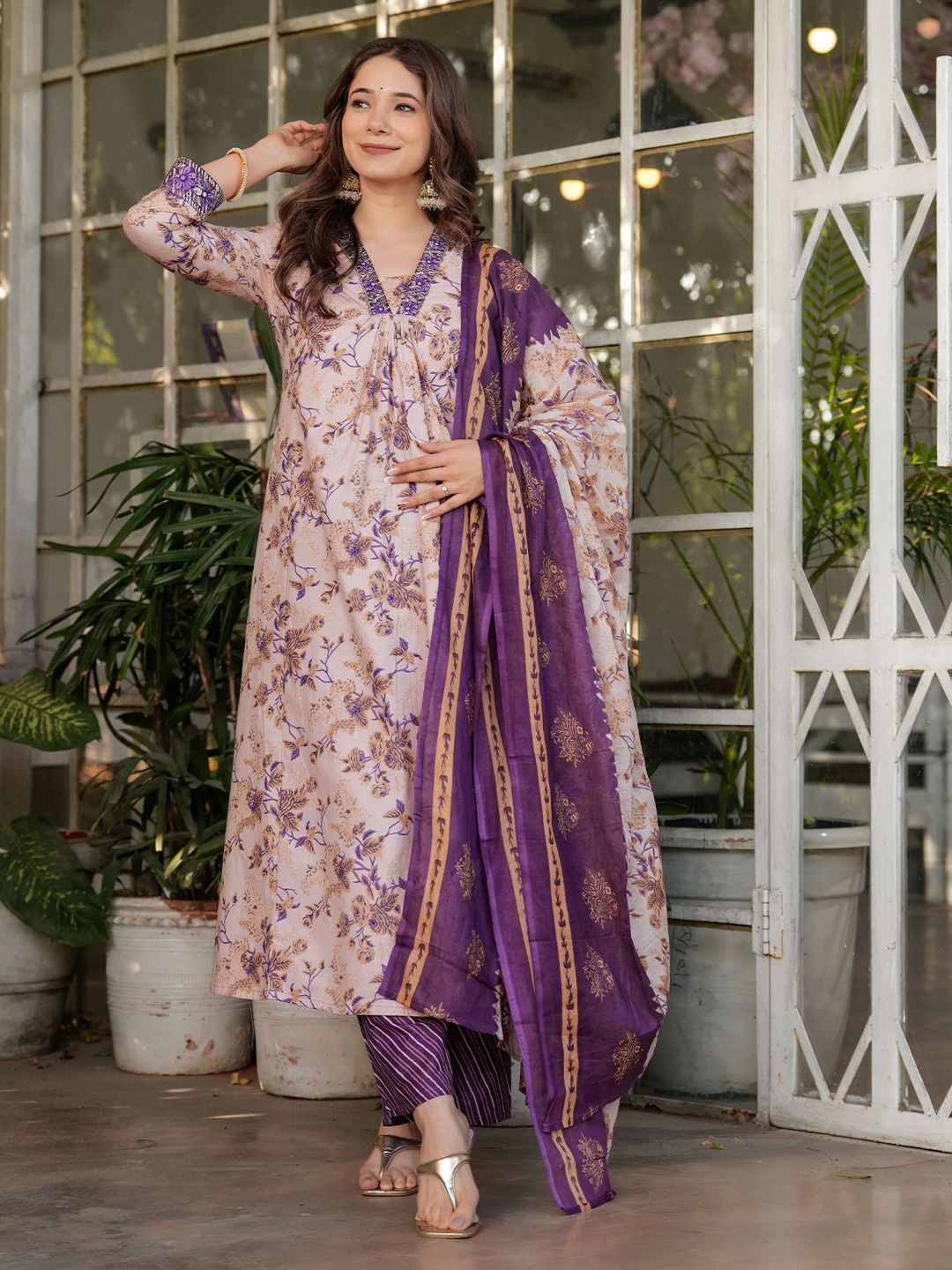 KALINI Floral Printed V-Neck Pure Cotton A-Line Kurta With Trousers & Dupatta, Cream
KALINI Floral Printed V-Neck Pure Cotton A-Line Kurta With Trousers & Dupatta, Cream