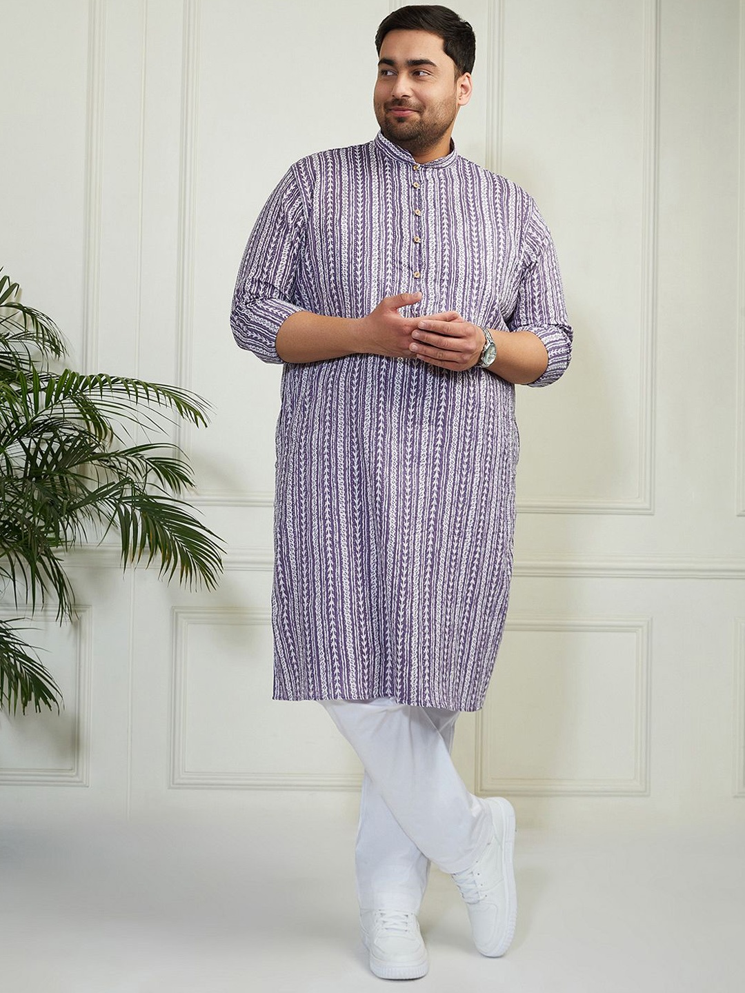 VASTRAMAY Plus Size Striped Mandarin Collar Pure Cotton Straight Kurta With Trousers, Purple
VASTRAMAY Plus Size Striped Mandarin Collar Pure Cotton Straight Kurta With Trousers, Purple