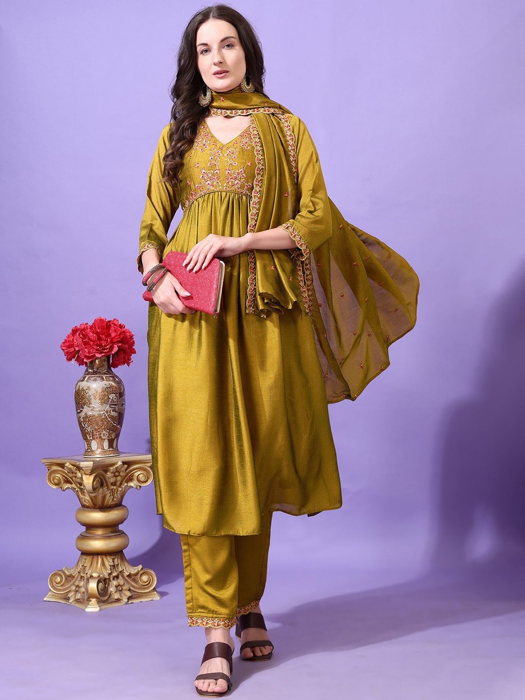 KALINI Floral Yoke Design V-Neck Thread Work Anarkali Kurta With Palazzos And Dupatta, Yellow
KALINI Floral Yoke Design V-Neck Thread Work Anarkali Kurta With Palazzos And Dupatta, Yellow