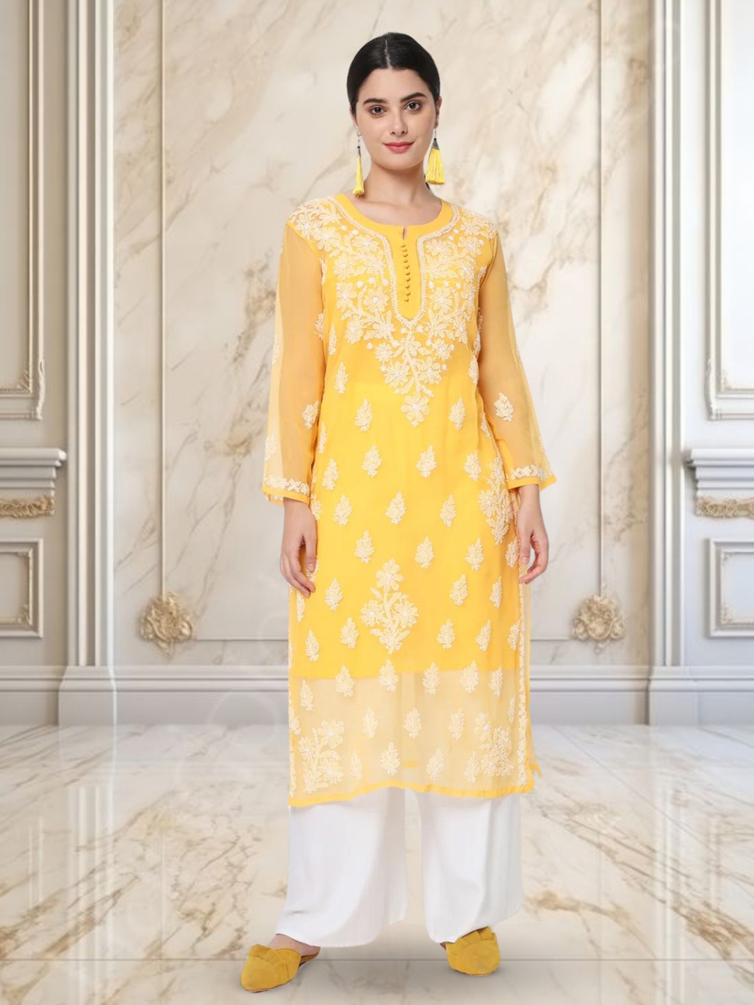 PARAMOUNT CHIKAN Floral Embroidered Lucknowi Chikankari Georgette Straight Kurta, Mustard
PARAMOUNT CHIKAN Floral Embroidered Lucknowi Chikankari Georgette Straight Kurta, Mustard