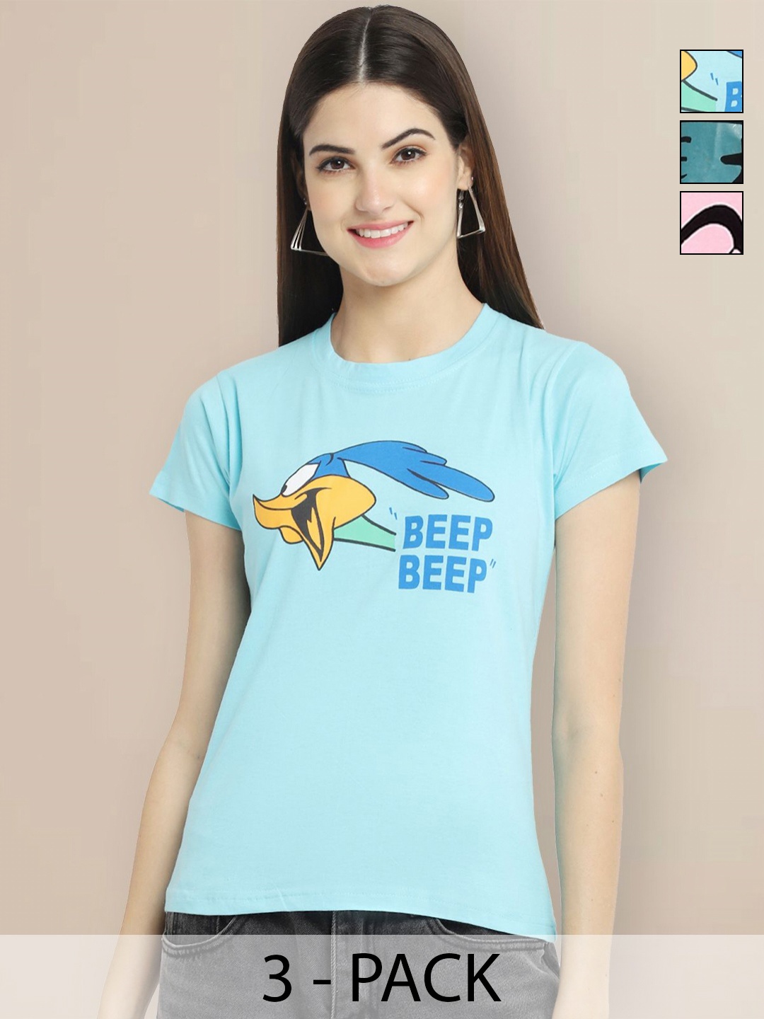 Metronaut Women Pack of 3 Looney Tunes Graphic Printed Round Neck Cotton T-shirts, Turquoise blue
Metronaut Women Pack of 3 Looney Tunes Graphic Printed Round Neck Cotton T-shirts, Turquoise blue