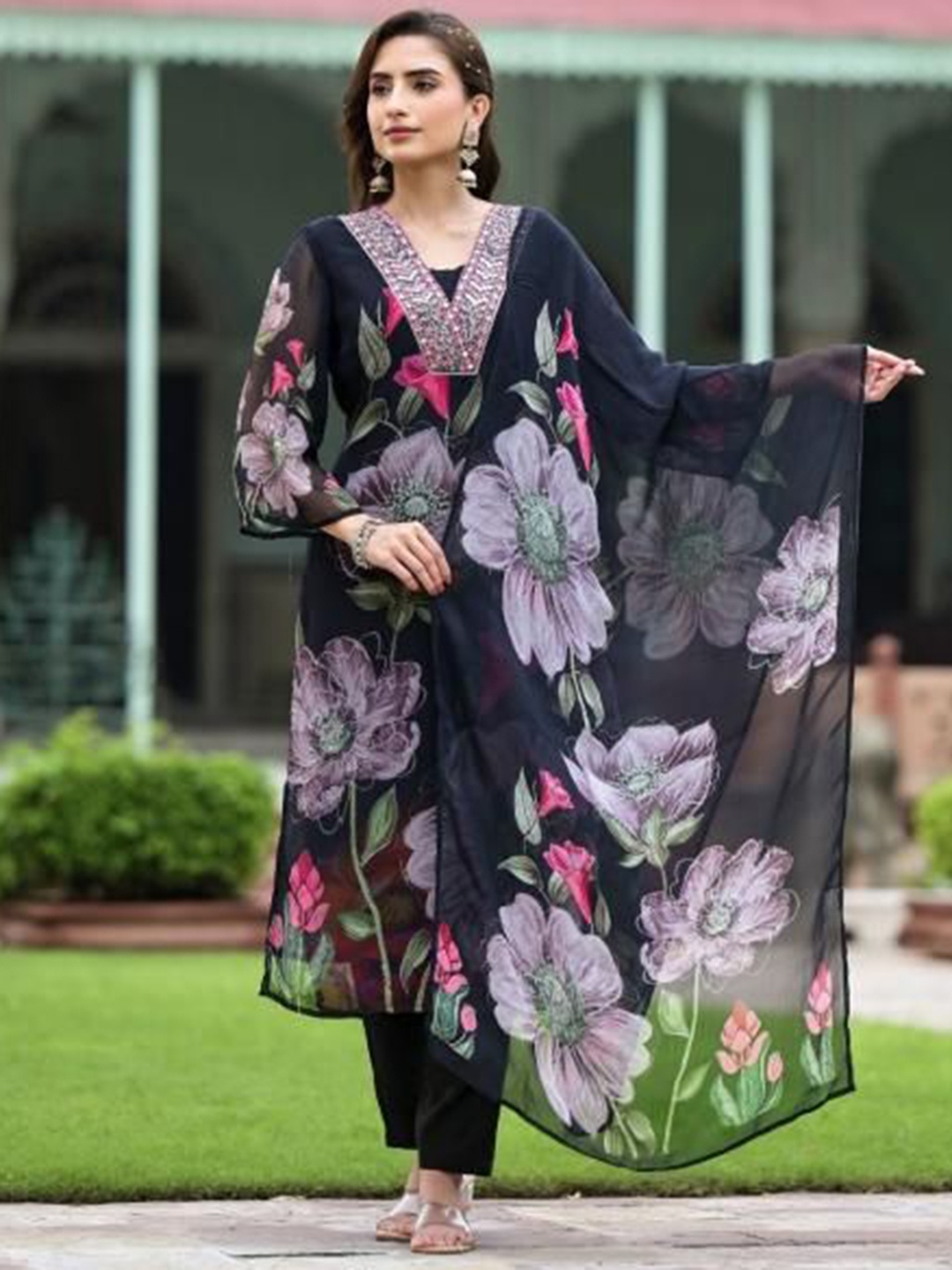 Fashion Basket Printed Embroidered Georgette Straight Kurta With Trousers And Dupatta, Black
Fashion Basket Printed Embroidered Georgette Straight Kurta With Trousers And Dupatta, Black