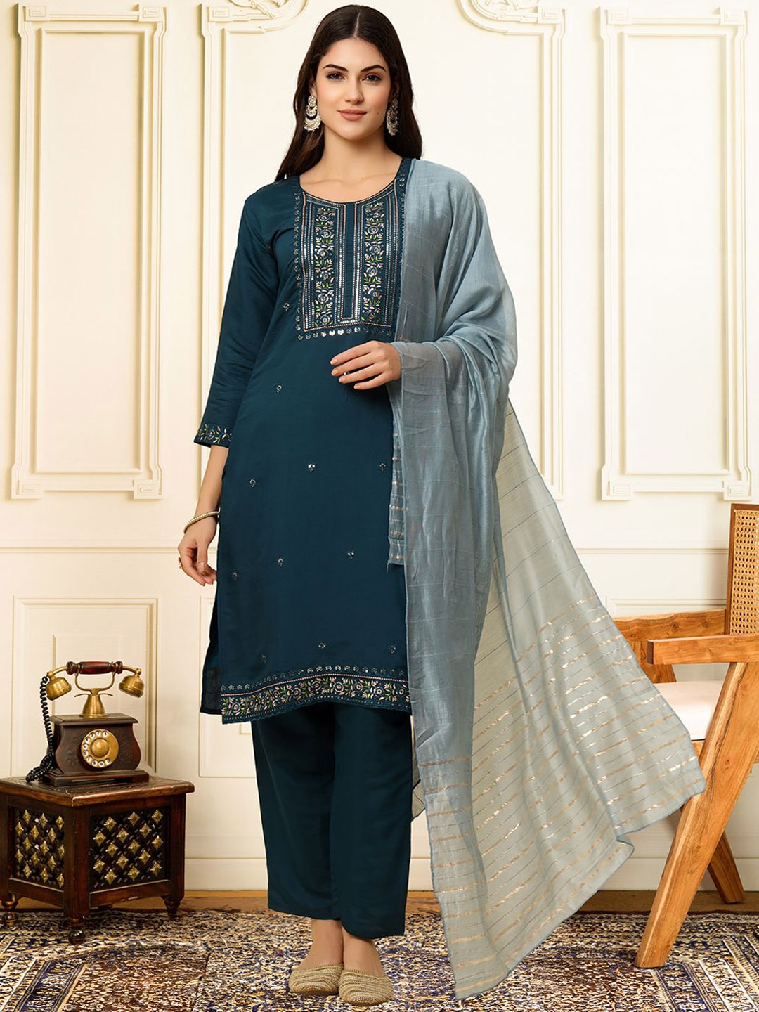 House of Pataudi Floral Embroidered Thread Work Straight Kurta With Trousers And Dupatta, Teal
House of Pataudi Floral Embroidered Thread Work Straight Kurta With Trousers And Dupatta, Teal
