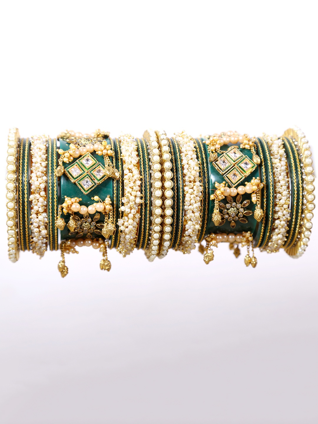 Zindura Set Of 2 Gold-Plated Stone-Studded & Pearl Beaded Chuda Bangles With Hangings
Zindura Set Of 2 Gold-Plated Stone-Studded & Pearl Beaded Chuda Bangles With Hangings