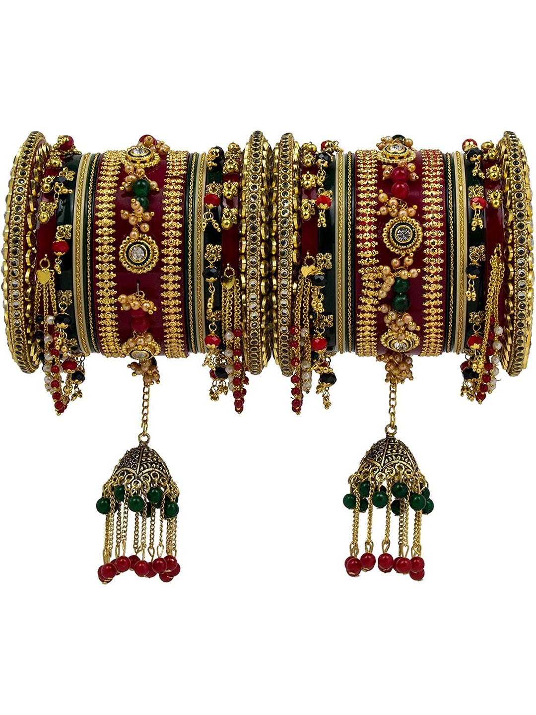 Zindura Set Of 2 Gold Plated Crystal Studded & Artificial Beaded Chuda Bangles, Red
Zindura Set Of 2 Gold Plated Crystal Studded & Artificial Beaded Chuda Bangles, Red