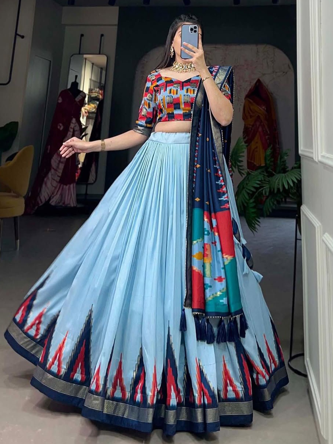 RADHVI BIZ Abstract Printed Silk Ready to Wear Lehenga & Semi-Stitched Blouse With Dupatta, Blue
RADHVI BIZ Abstract Printed Silk Ready to Wear Lehenga & Semi-Stitched Blouse With Dupatta, Blue
