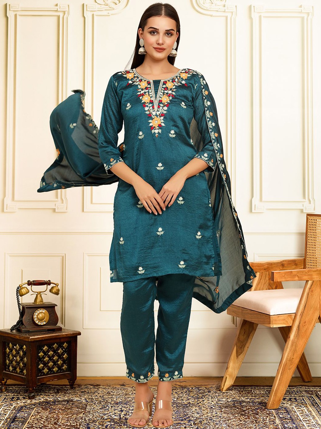 House of Pataudi Floral Embroidered Thread Work Straight Kurta With Trousers And Dupatta, Teal
House of Pataudi Floral Embroidered Thread Work Straight Kurta With Trousers And Dupatta, Teal