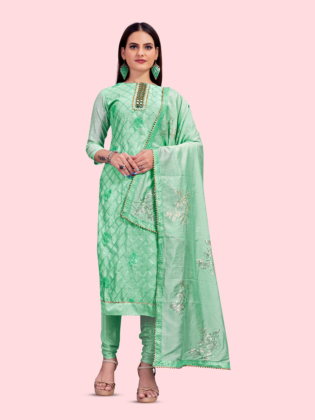 Maroosh Floral Embroidered Embellished Mirror Work Chanderi Unstitched Dress Material, Sea green
Maroosh Floral Embroidered Embellished Mirror Work Chanderi Unstitched Dress Material, Sea green