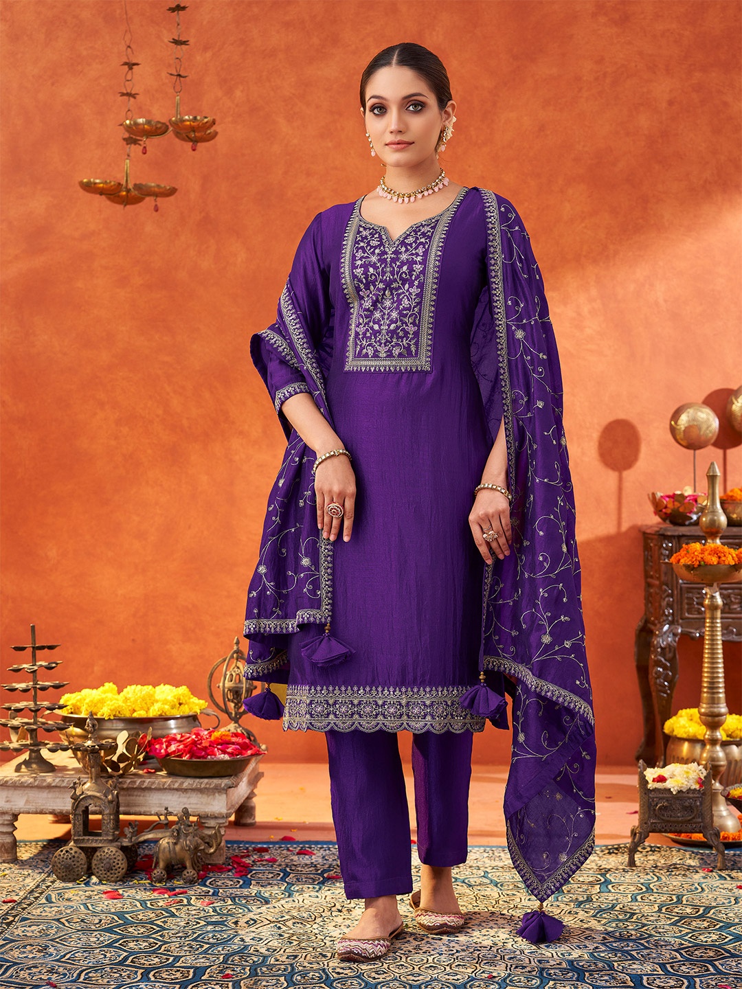 KALINI Ethnic Motifs Yoke Design Thread Work Notch Neck Kurta With Trousers & Dupatta, Purple
KALINI Ethnic Motifs Yoke Design Thread Work Notch Neck Kurta With Trousers & Dupatta, Purple