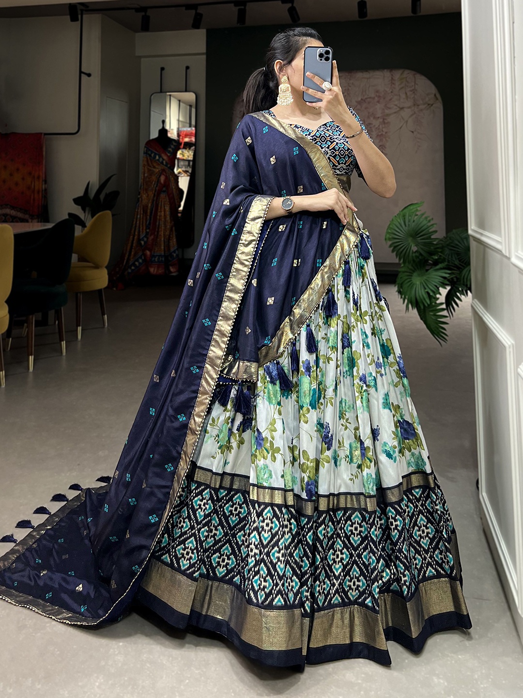 RADHVI BIZ Floral Printed Silk Ready to Wear Lehenga & Semi-Stitched Blouse With Dupatta, Navy blue
RADHVI BIZ Floral Printed Silk Ready to Wear Lehenga & Semi-Stitched Blouse With Dupatta, Navy blue