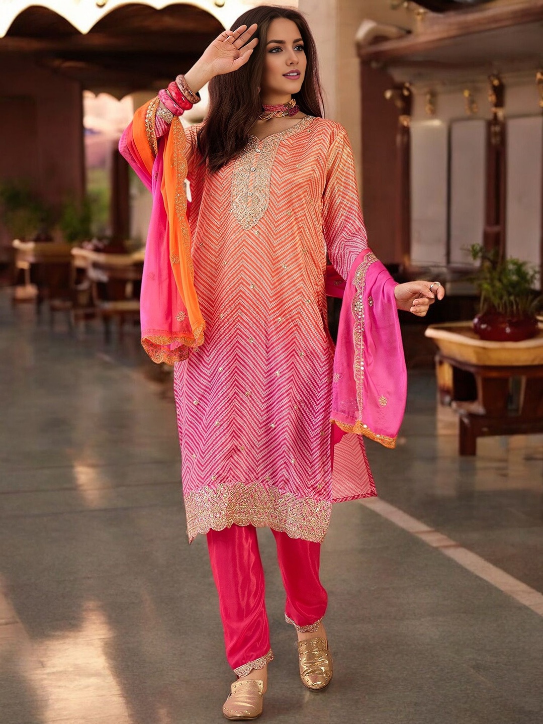 KIMISHA Bandhani Printed Sequinned Round Neck Straight Kurta With Trousers And Dupatta, Orange
KIMISHA Bandhani Printed Sequinned Round Neck Straight Kurta With Trousers And Dupatta, Orange