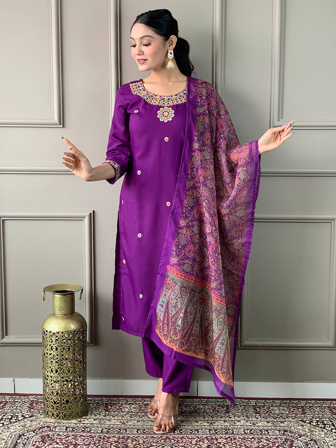 Growdamy Floral Embroidered Thread Work Round Neck Kurta With Trousers & Dupatta, Purple 
Growdamy Floral Embroidered Thread Work Round Neck Kurta With Trousers & Dupatta, Purple