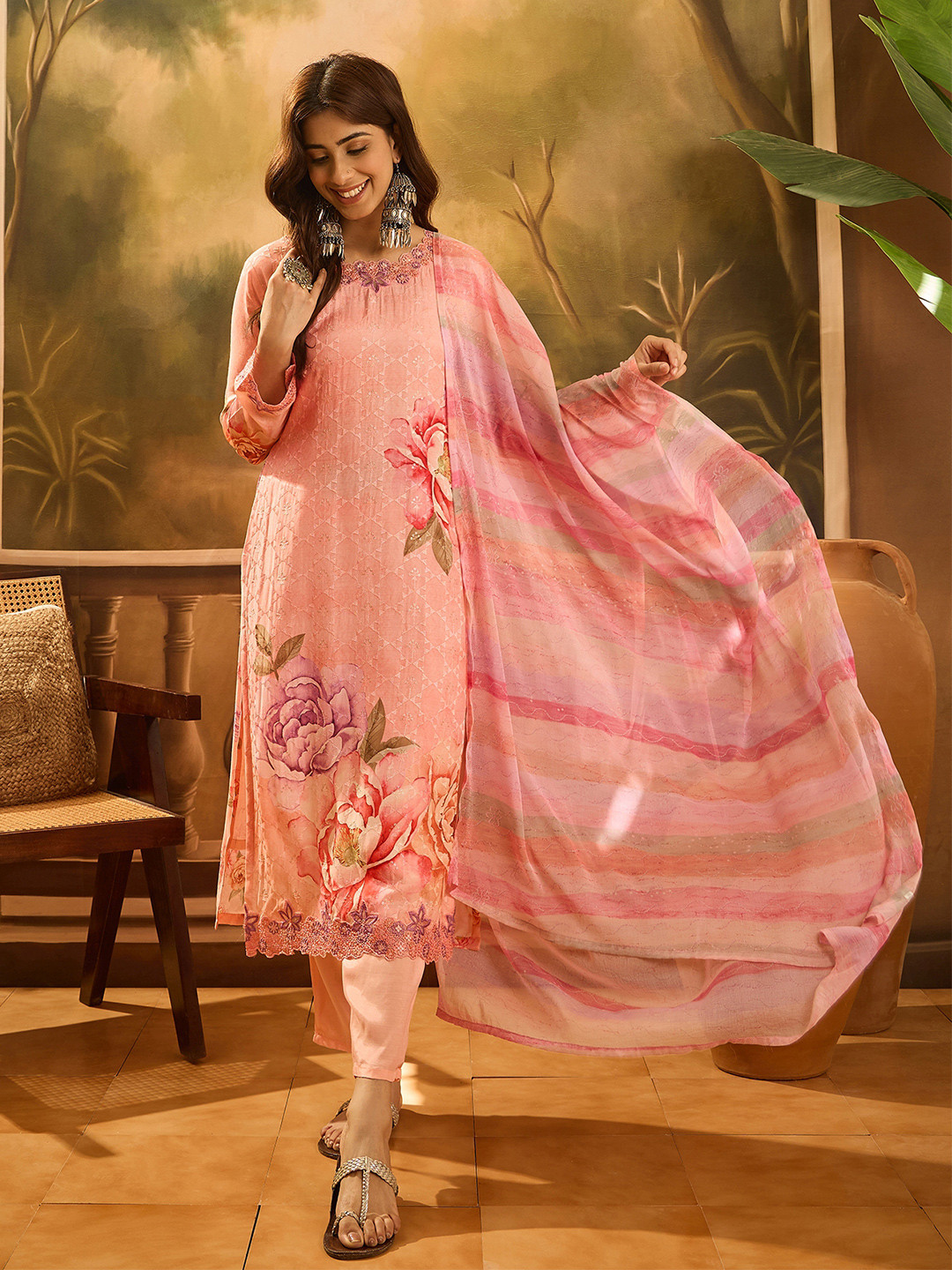 Sangria Floral Printed Schiffli V-Neck Straight Kurta With Trousers & Dupatta, Pink 
Sangria Floral Printed Schiffli V-Neck Straight Kurta With Trousers & Dupatta, Pink