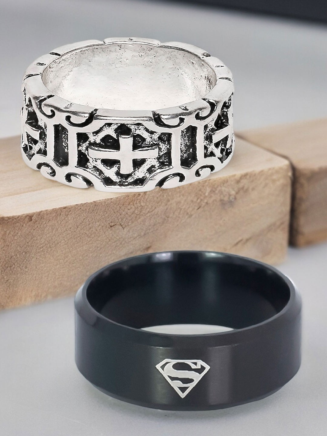 The Roadster Lifestyle Co. Men Set Of 2 Knights Templars & Super Hero Broad Band Rings, Silver
The Roadster Lifestyle Co. Men Set Of 2 Knights Templars & Super Hero Broad Band Rings, Silver