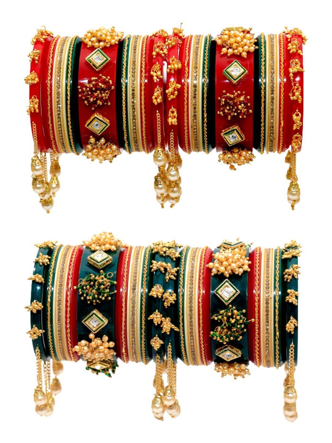 Zindura Set Of 4 Gold-Plated Artificial Stone-Studded & Beaded Chuda Bangles With Hangings
Zindura Set Of 4 Gold-Plated Artificial Stone-Studded & Beaded Chuda Bangles With Hangings