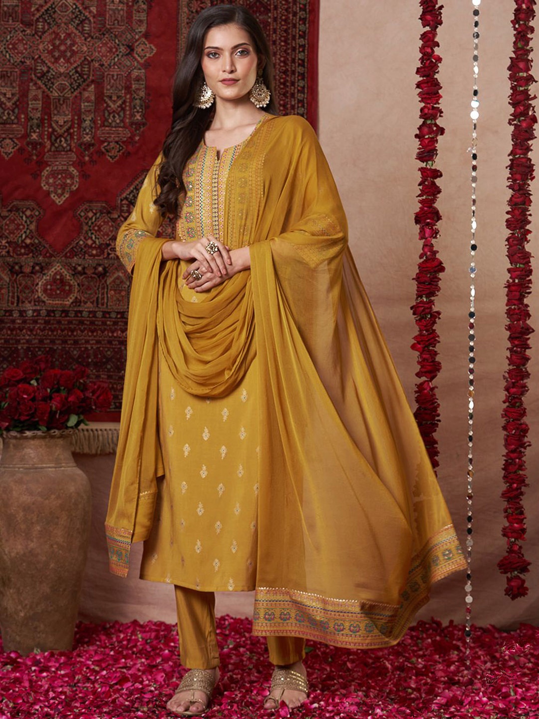 KALINI Ethnic Motifs Printed Notch Neck Kurta With Trousers & Dupatta, Mustard
KALINI Ethnic Motifs Printed Notch Neck Kurta With Trousers & Dupatta, Mustard