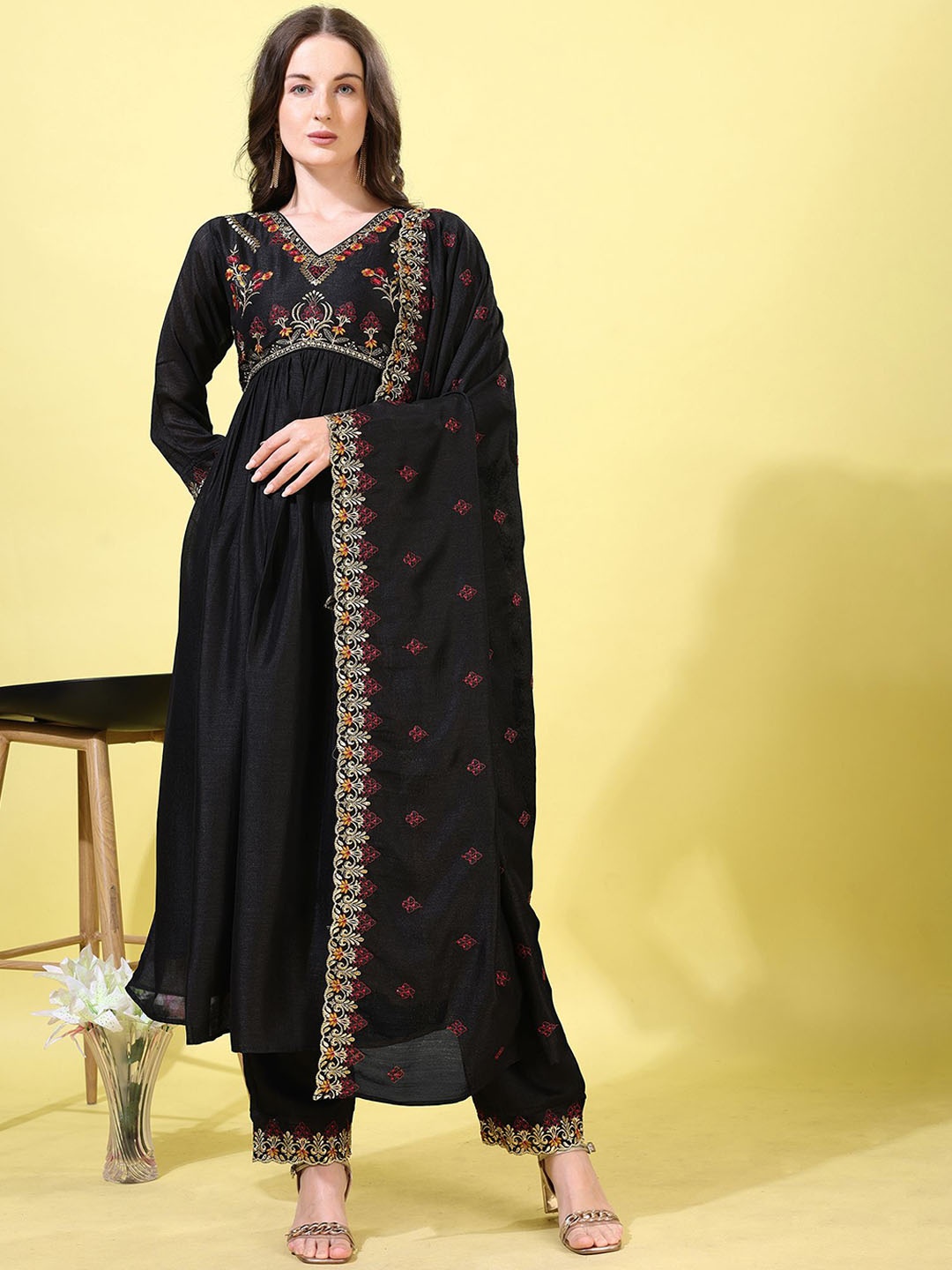 KALINI Floral Yoke Design V-Neck Anarkali Thread Work Kurta With Palazzos And Dupatta, Black
KALINI Floral Yoke Design V-Neck Anarkali Thread Work Kurta With Palazzos And Dupatta, Black