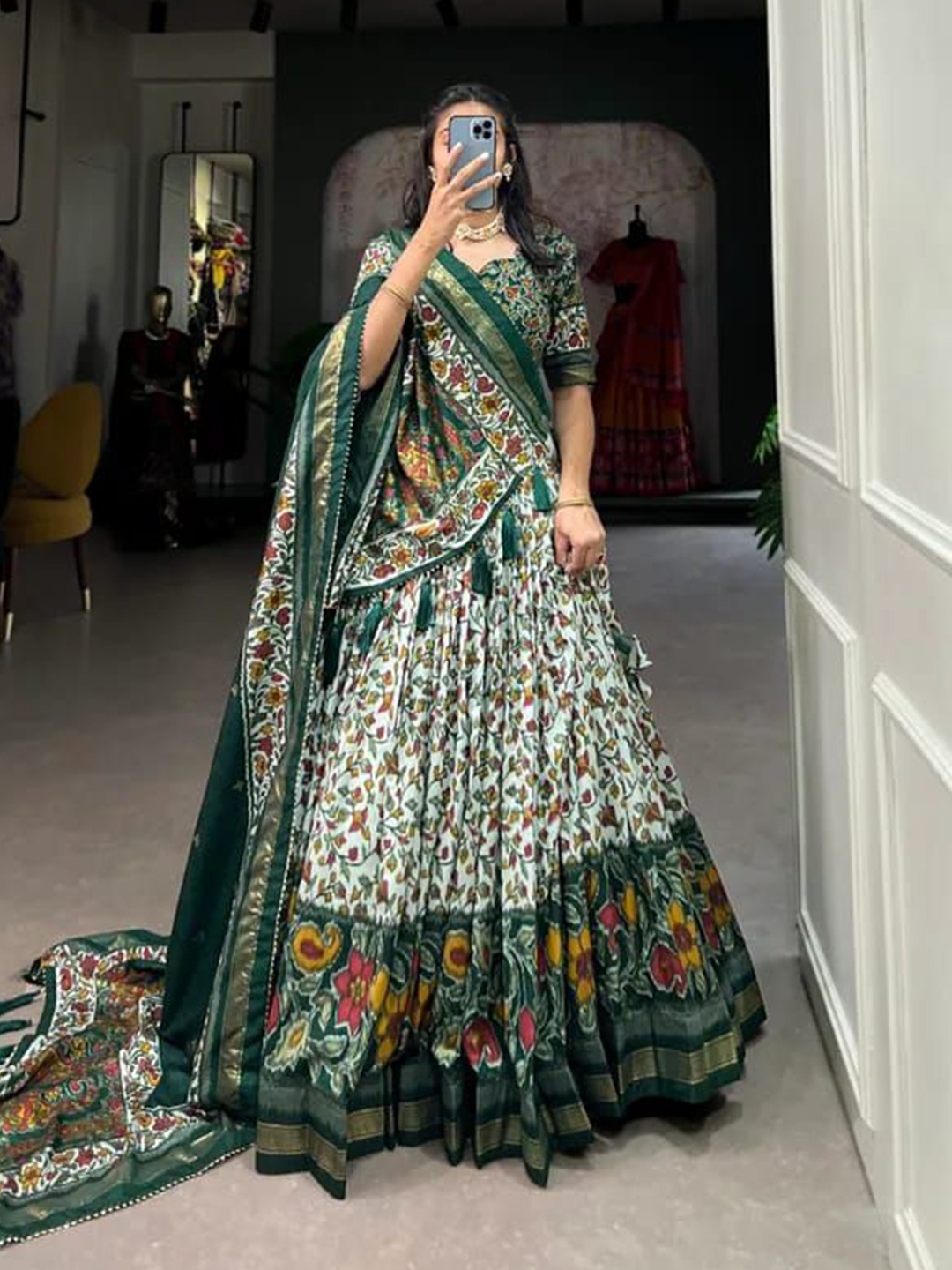 RADHVI BIZ Floral Kalamkari Printed Lehenga With Semi-Stitched Blouse & Dupatta, Green
RADHVI BIZ Floral Kalamkari Printed Lehenga With Semi-Stitched Blouse & Dupatta, Green