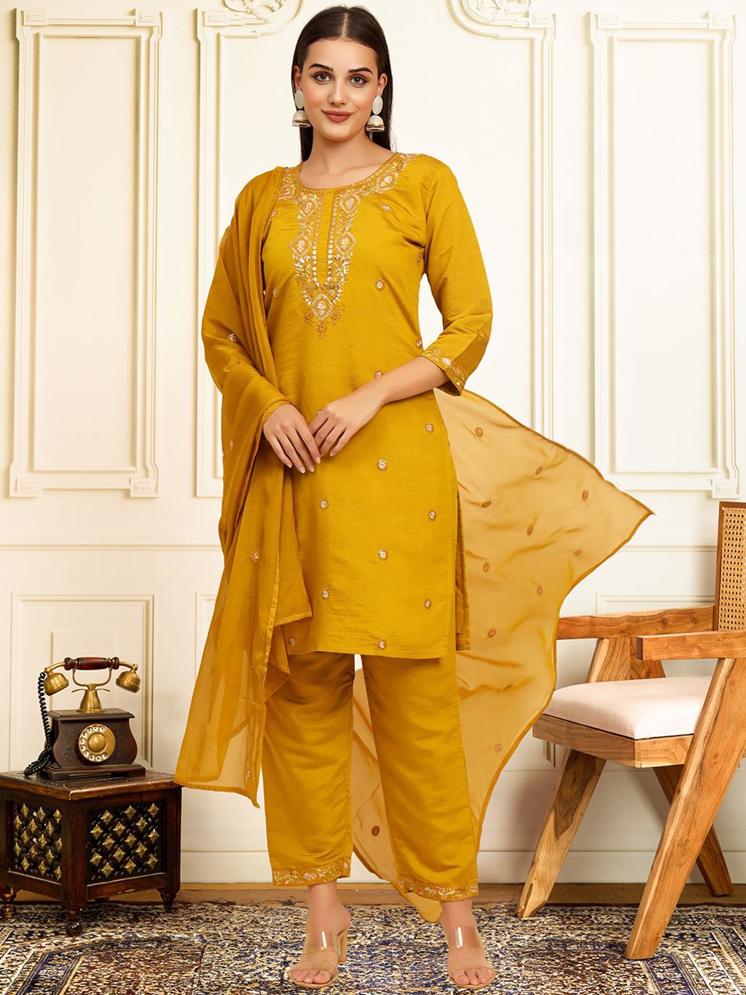 House of Pataudi Embroidered Sequinned Round Neck Kurta With Trousers & Dupatta, Mustard
House of Pataudi Embroidered Sequinned Round Neck Kurta With Trousers & Dupatta, Mustard